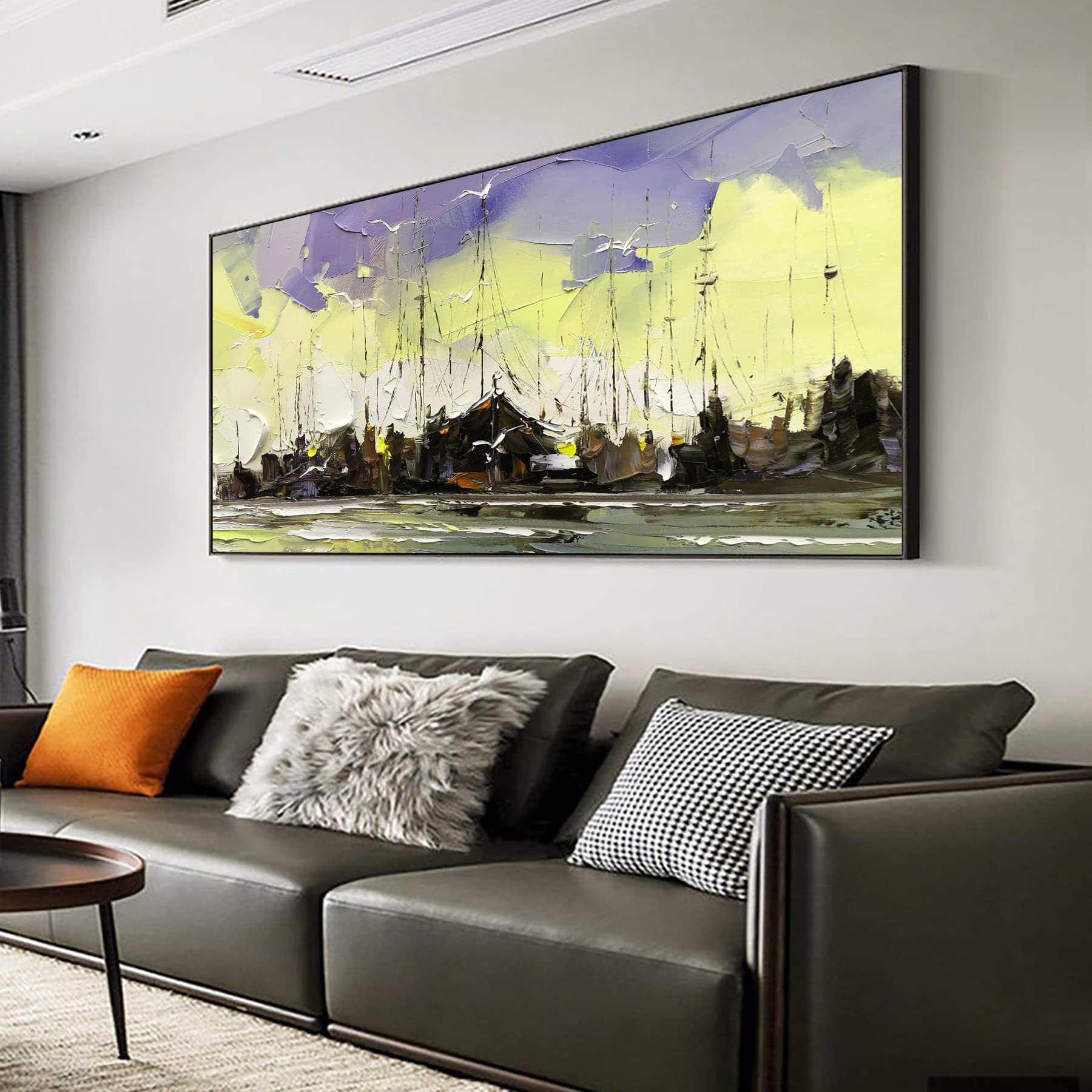 Hand-Painted Original Oil Painting on Canvas - Beach Boat Landscape Wall Art (60x30 Inch Unframed) - Modern Abstract Bathroom & Living Room Decor, Christmas Gift for Men - Perfect for Home, Office & Holiday Decorations