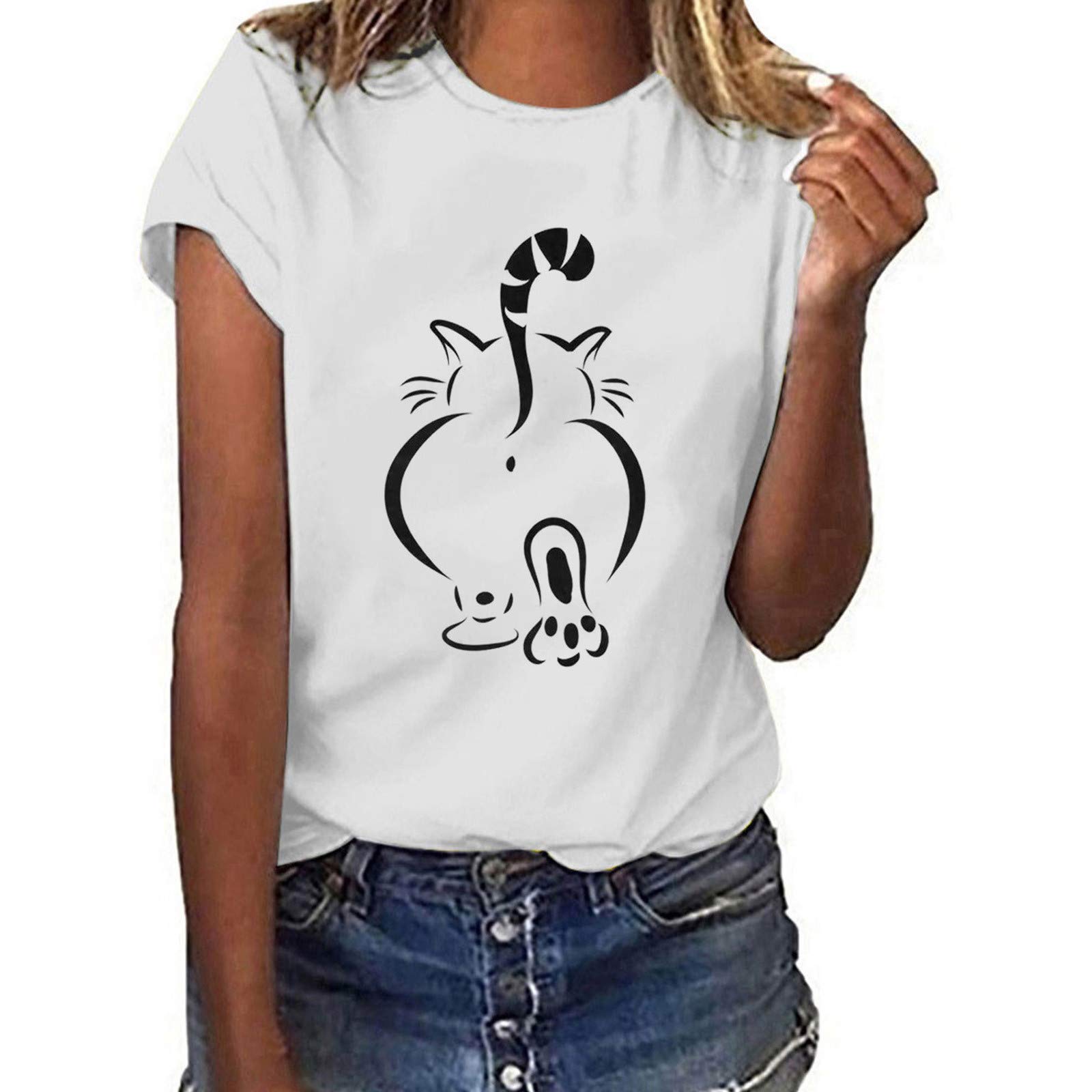 Gerichy Women's Short Sleeve Graphic Cat Print T-Shirt - Casual Cute Cat Tee Top for Everyday Wear, Street Style & Summer Outfits