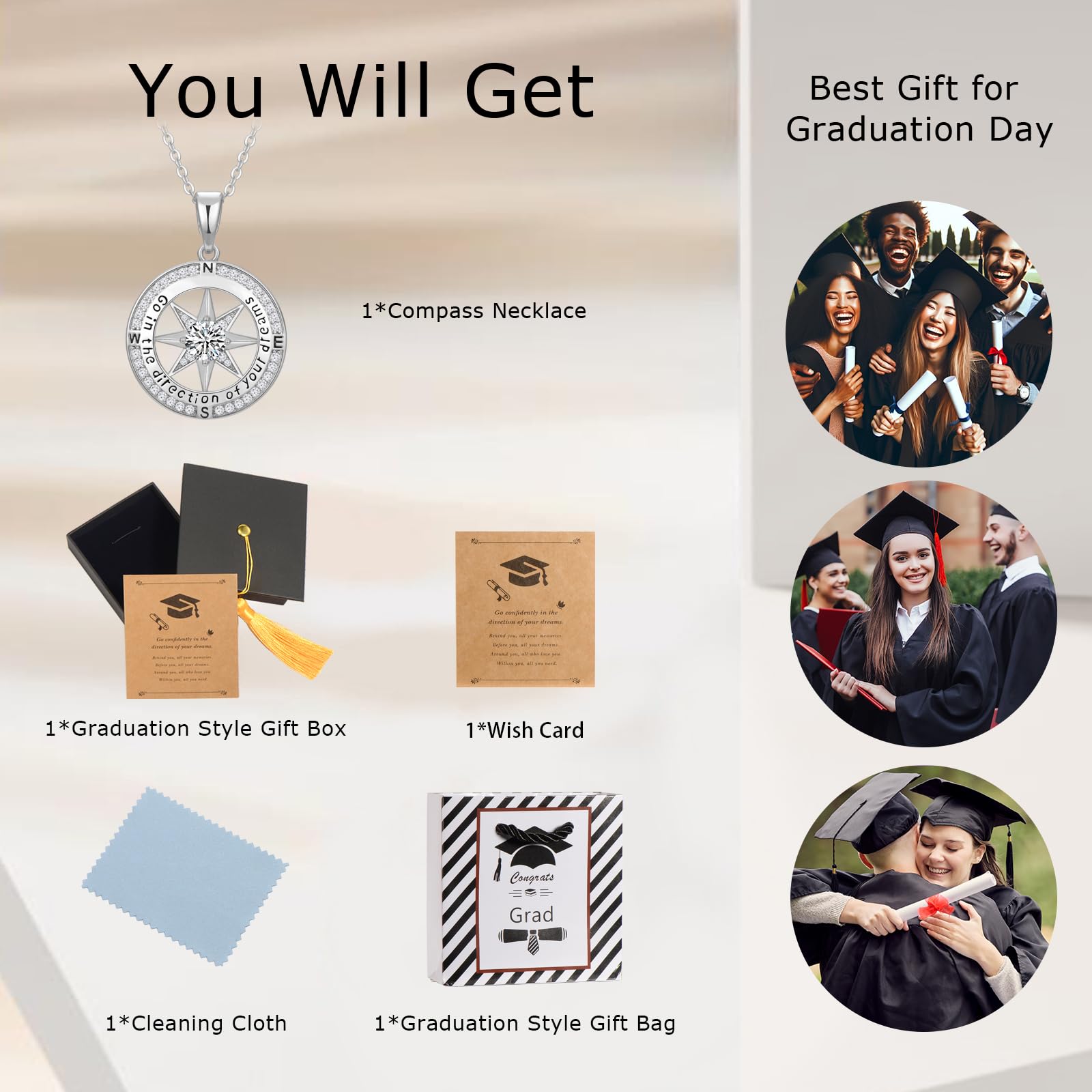 Graduation Gifts for Women - 18K Gold Filled 925 Sterling Silver Inspirational Compass Necklace Jewelry for High School & College Graduates - Perfect Gift for Friends & Daughters with Congrats Grad Box & Gift Card - Ideal for Commencement Ceremonies, Graduation Parties & Special Occasions