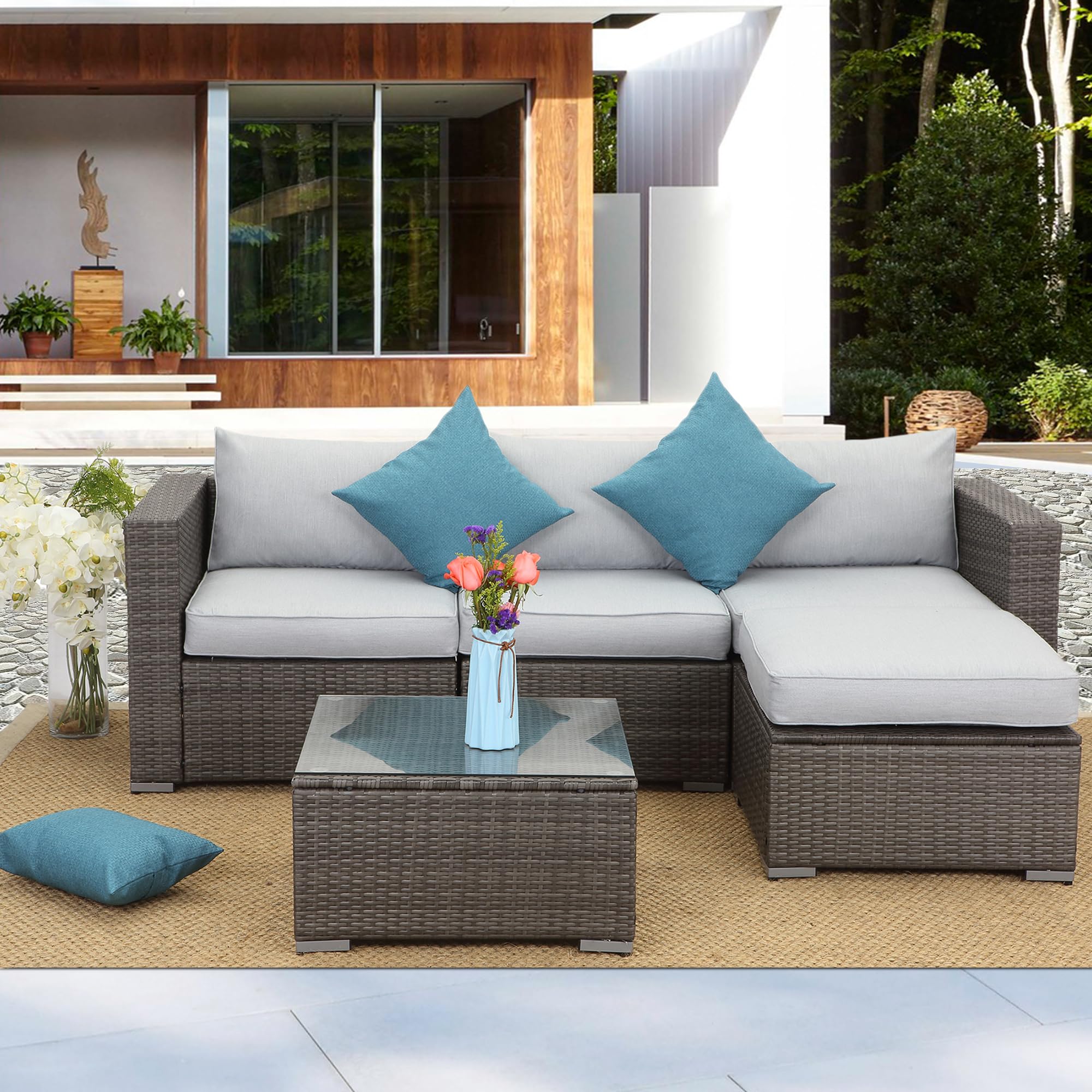 2-Piece Wisteria Lane Outdoor Patio Furniture Set - Grey Sectional Sofa with Armless Design, Tempered Glass Table & Cushions - Perfect for Garden, Backyard, Poolside or Balcony Relaxation