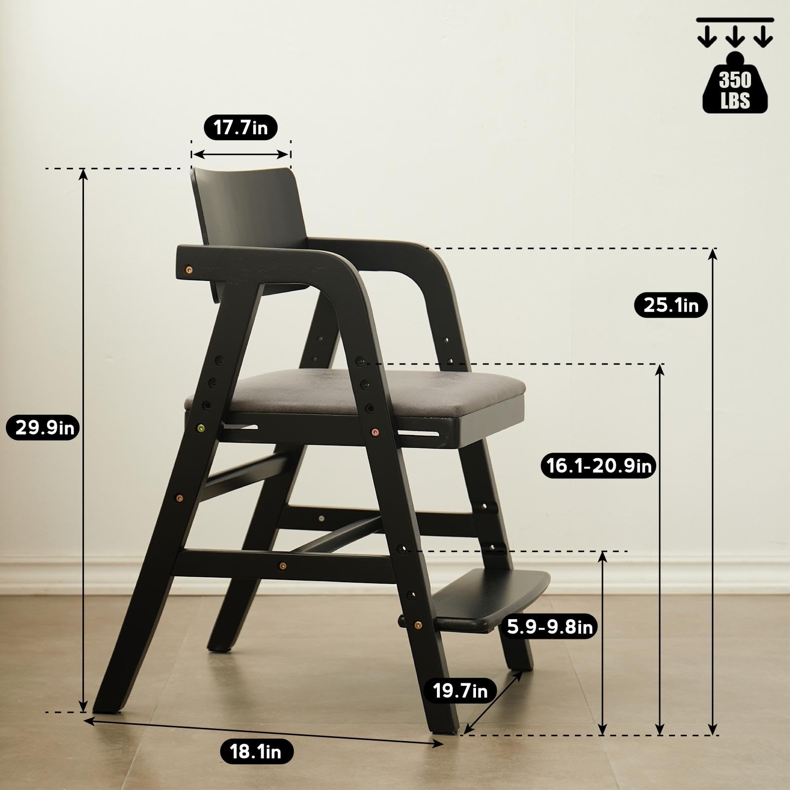 **Adjustable Wooden High Chair for Babies & Toddlers - Kids Dining Chair with Removable Cushion - Safe & Sturdy Toddler Counter Chair for Mealtime, Study & Play (Black)**