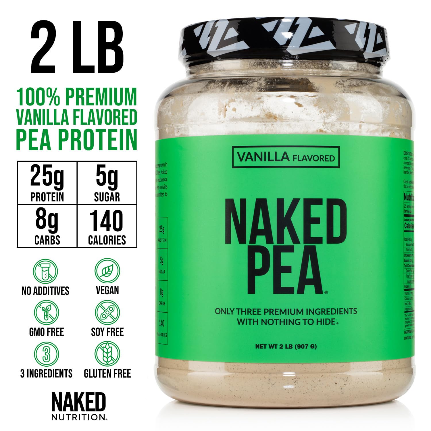 Naked Vanilla Pea Protein Isolate - 100% Pure Plant-Based Vegan Protein Powder from USA, Gluten-Free, Soy-Free, Non-GMO, Only 3 Ingredients (2LB Bag) - Perfect for Smoothies, Baking & Post-Workout Recovery