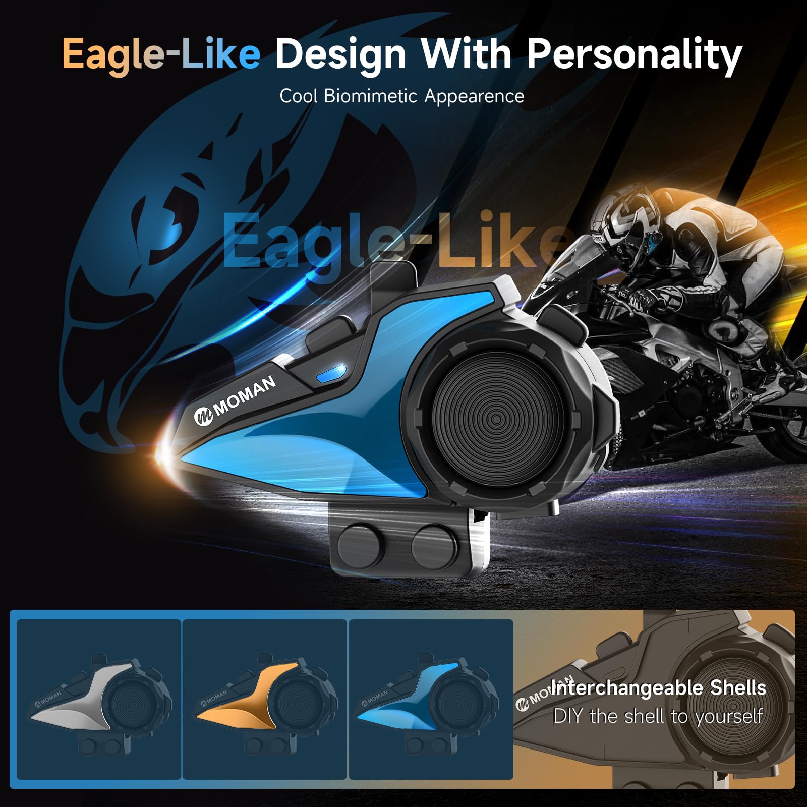 Moman Motorcycle Bluetooth Intercom Headset - Dual Chip H2E Eagle-Like Helmet Communication System for Audio Multitasking, HiFi Music Sharing, FM Radio & AI Voice Assistant (2 Pack) - Perfect for Group Riding, Touring & Adventure Motorcycling