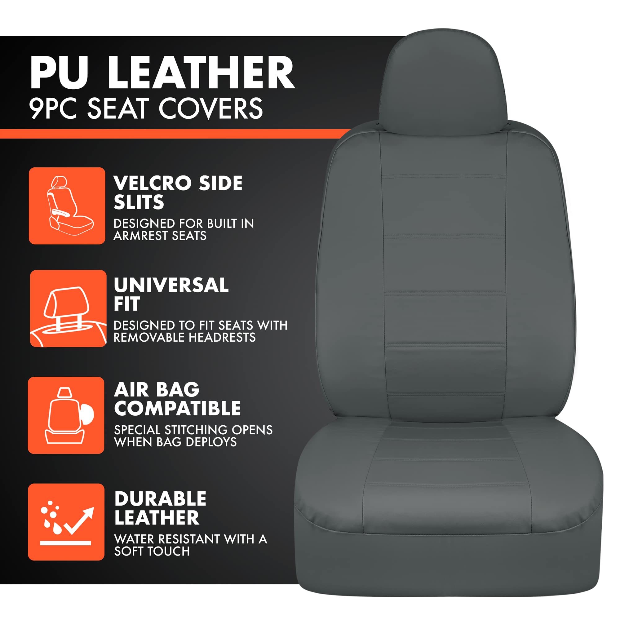 Premium Leatherette Car Seat Covers - Gray PU Leather Auto Accessories for Cars, SUVs & Trucks | Waterproof & Comfortable Seat Protectors for Daily Commute & Road Trips