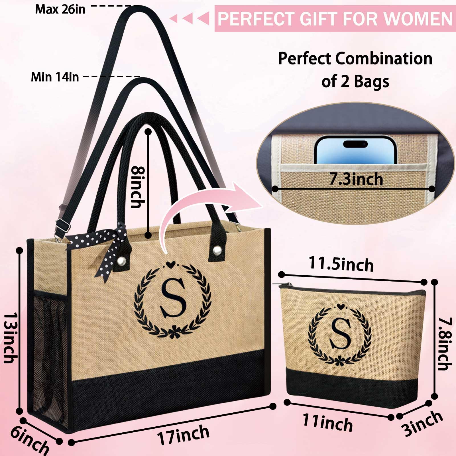Personalized Initial Jute Tote Bag & Makeup Pouch Set for Women - Custom Monogrammed Beach Bag with Zipper - Perfect Gift for Brides, Moms, and Friends - Great for Travel, Shopping, and Beach Outings