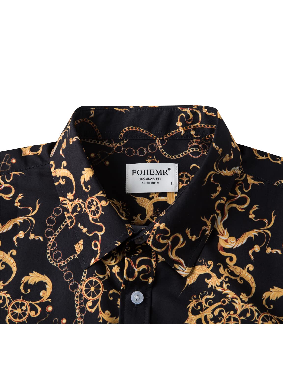 Men's Black & Gold Luxury Dress Shirt - Short Sleeve Baroque Chain Print Button Down Shirt | Formal & Casual Wear for Parties, Weddings & Office