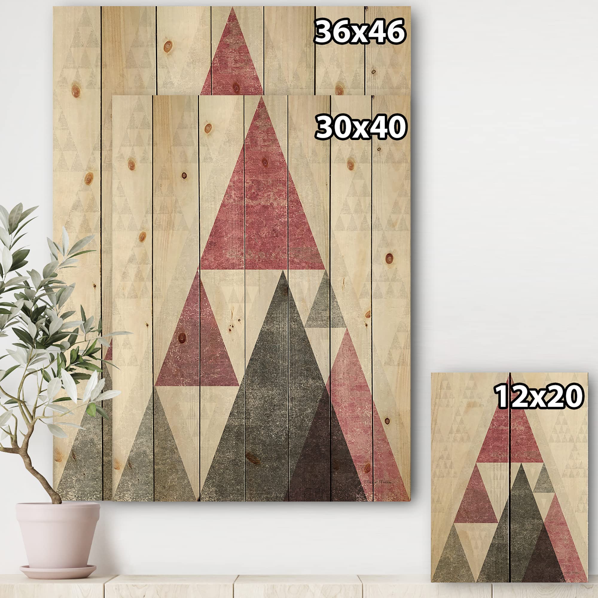 DesignQ Pink Geometric Mod Triangles Mid-Century Modern Wood Wall Art - Large Abstract Wood Panels Printed on Natural Pine - Perfect for Living Room, Bedroom & Office Decor