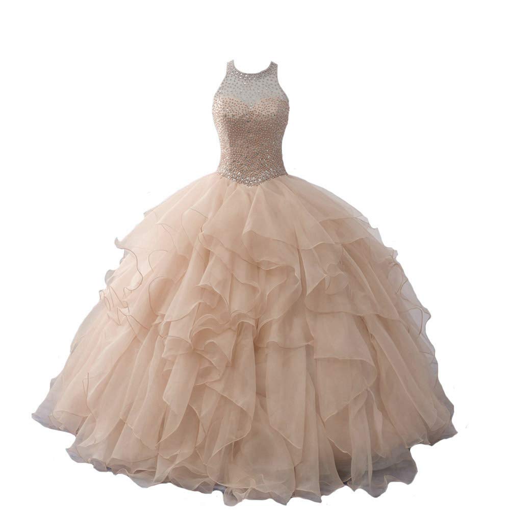 Elegant ANGELA Women's Halter Beads Ball Gown Quinceanera Dress - Organza Long Prom Dress for Weddings, Parties & Special Occasions