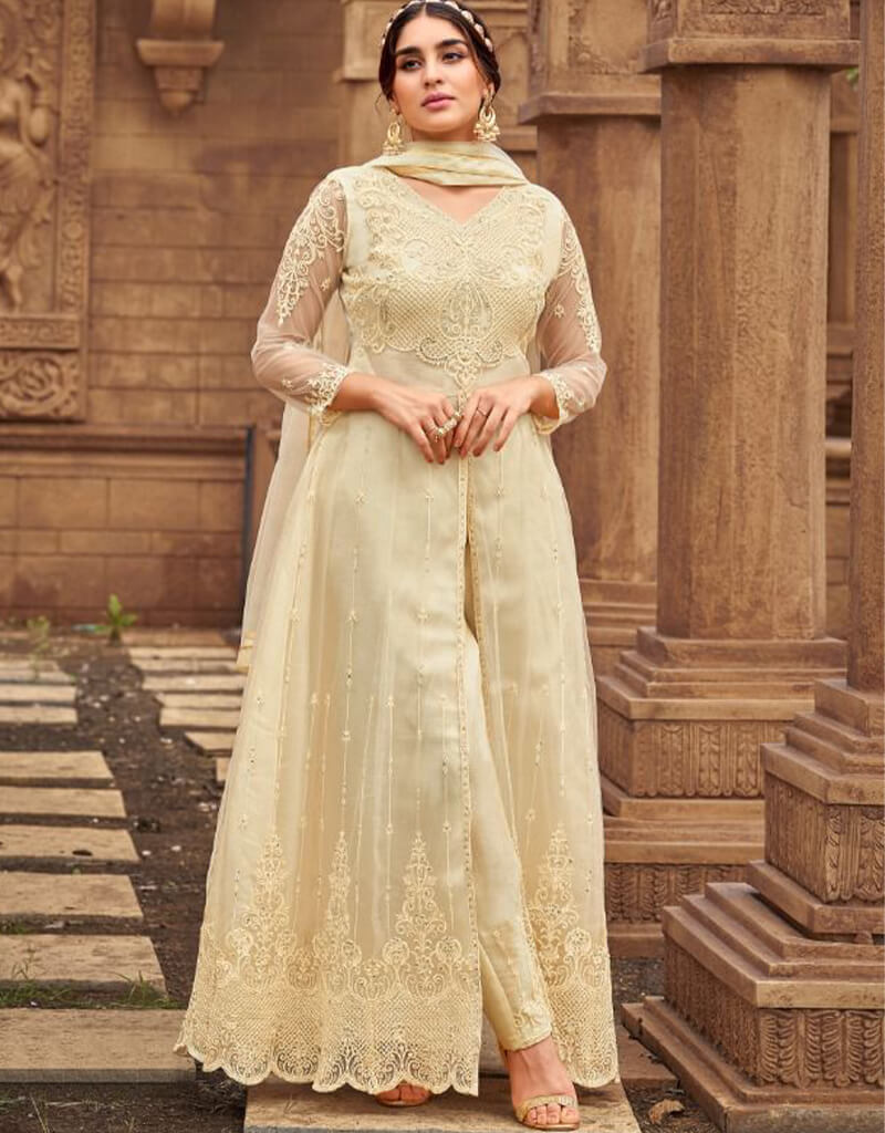 Beige Pantsuit with Butterfly Net - Elegant Women's Formal Wear for Office, Parties & Special Occasions