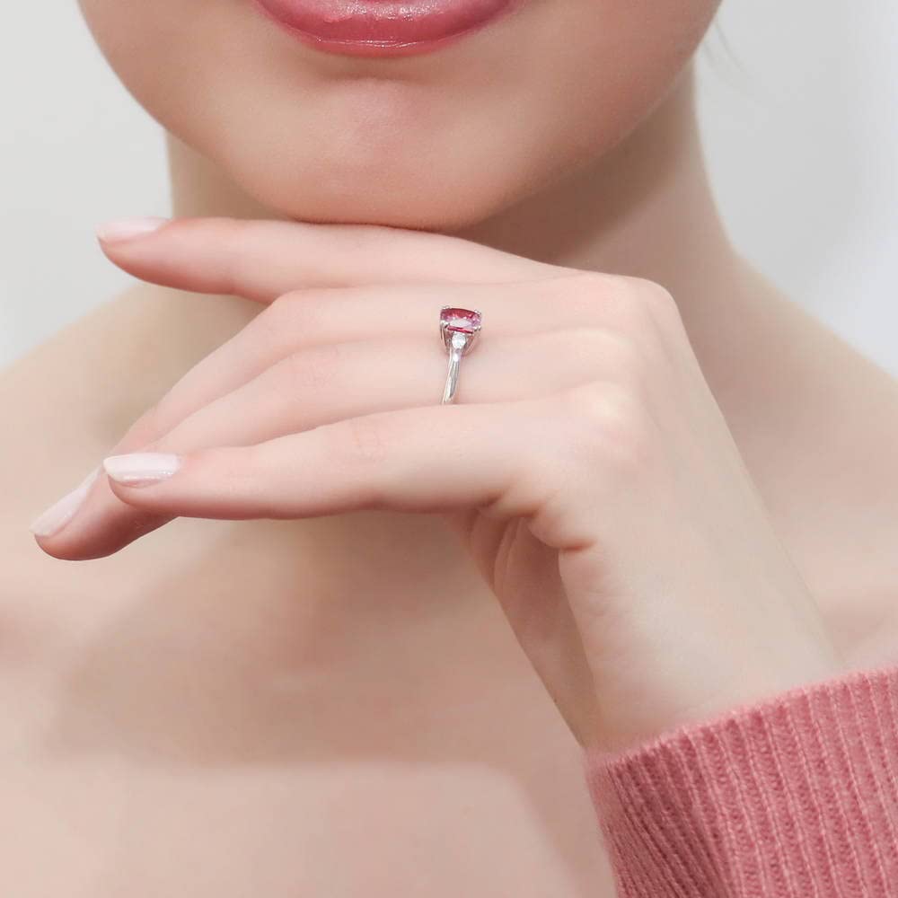 BERRICLE Sterling Silver 3-Stone Ring with Red Cushion Cut Cubic Zirconia | 1.25 Carat Women's Promise & Anniversary Ring | Rhodium Plated | Size 4-10 | Perfect for Valentine's Day, Engagement & Special Occasions