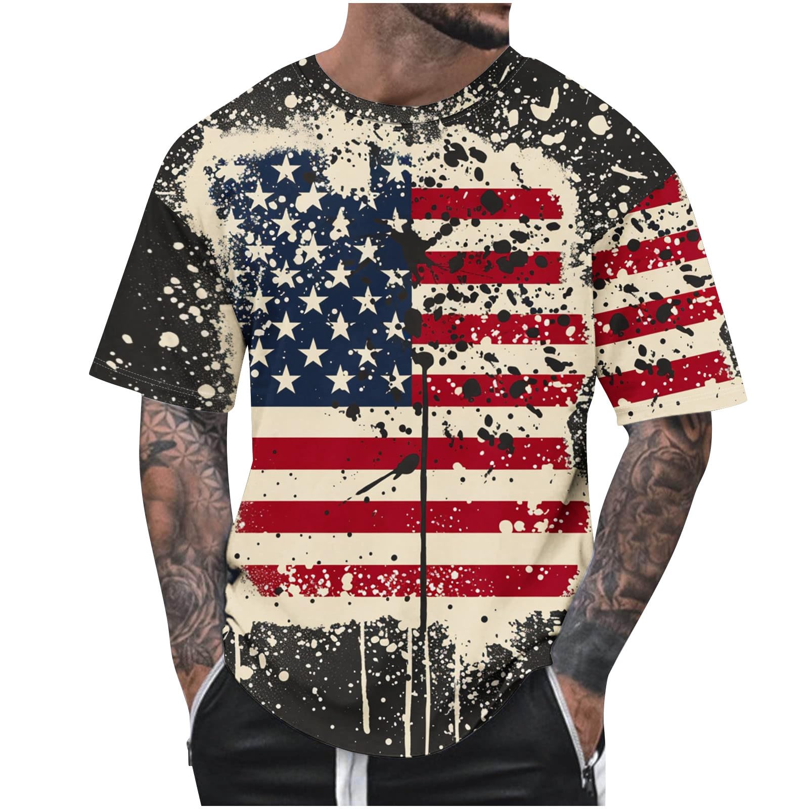 Men's Patriotic Tie Dye T-Shirt - American Flag Graphic Tee, Short Sleeve 4th of July Shirt, Summer 2024 Casual Top for BBQ, Fireworks & Independence Day Celebrations