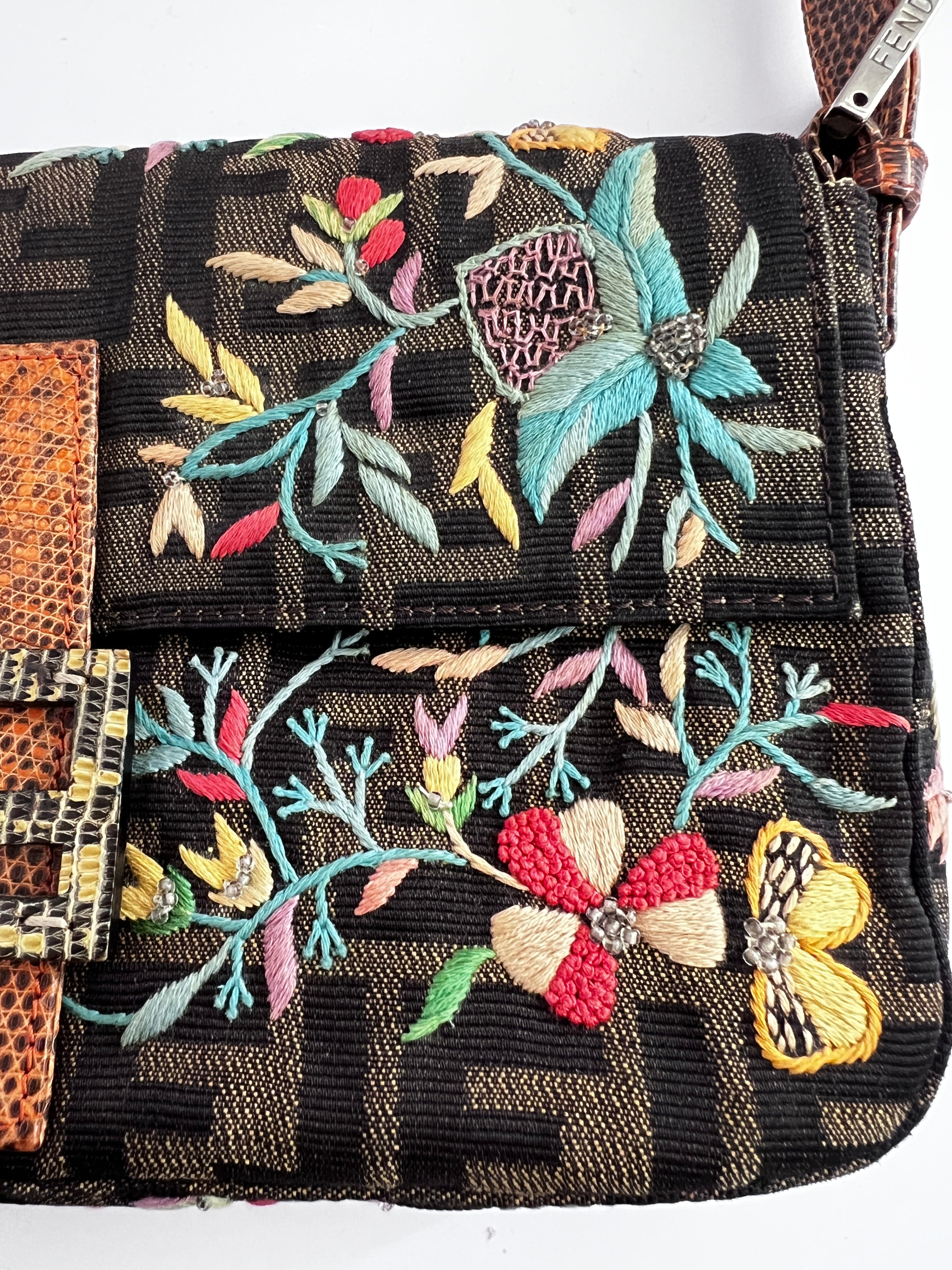 Vintage Fendi Embroidered Lizard Skin Trimmed Zucca Baguette Bag - Luxury Designer Handbag for Women, Perfect for Evening Parties & Special Occasions