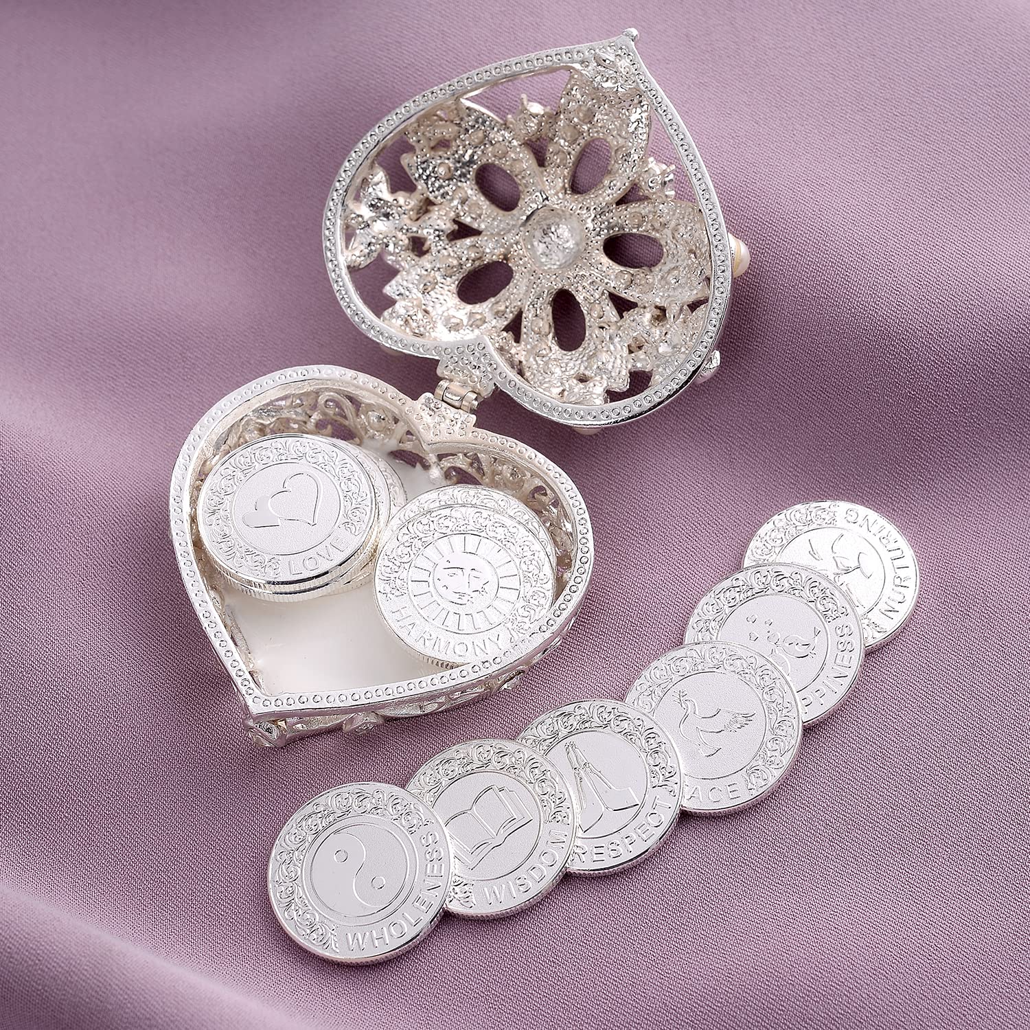 TINGKU English Silver Wedding Coins - Pearl & Crystal Heart Jewelry Box - Arras de Boda Unity Coins Set - Perfect for Wedding Ceremony Souvenirs & Anniversary Gifts