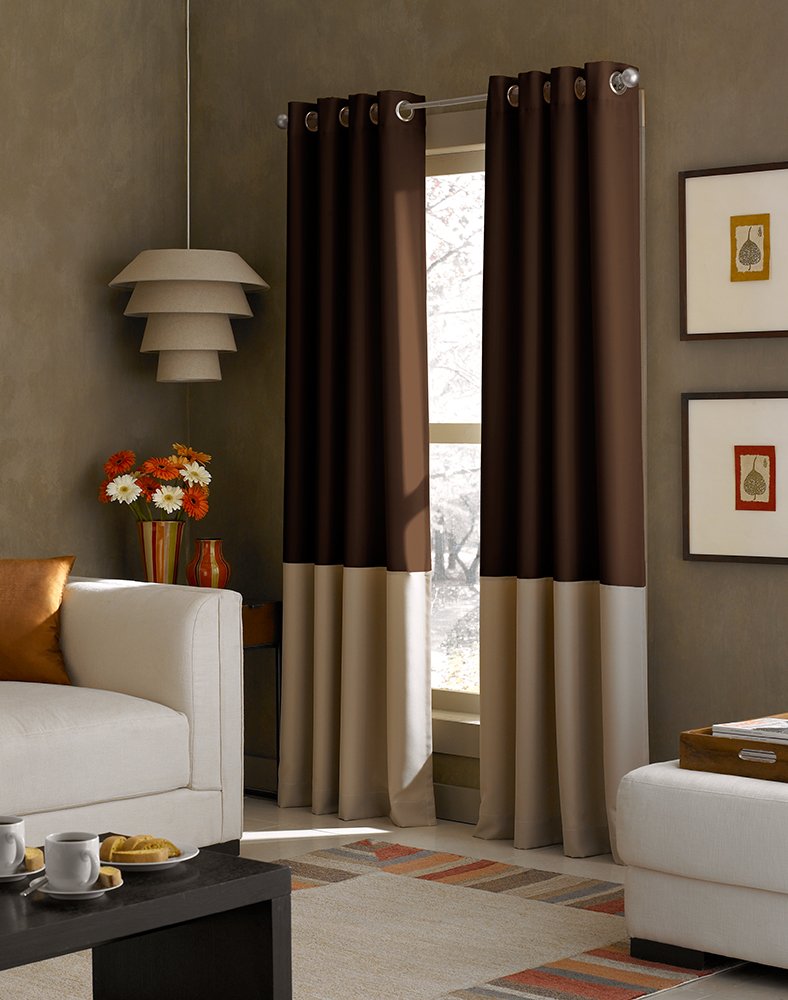 Curtainworks Kendall Color Block Grommet Curtain Panel - 95 Inch Chocolate Blackout Drapes for Living Room & Bedroom Window Treatments