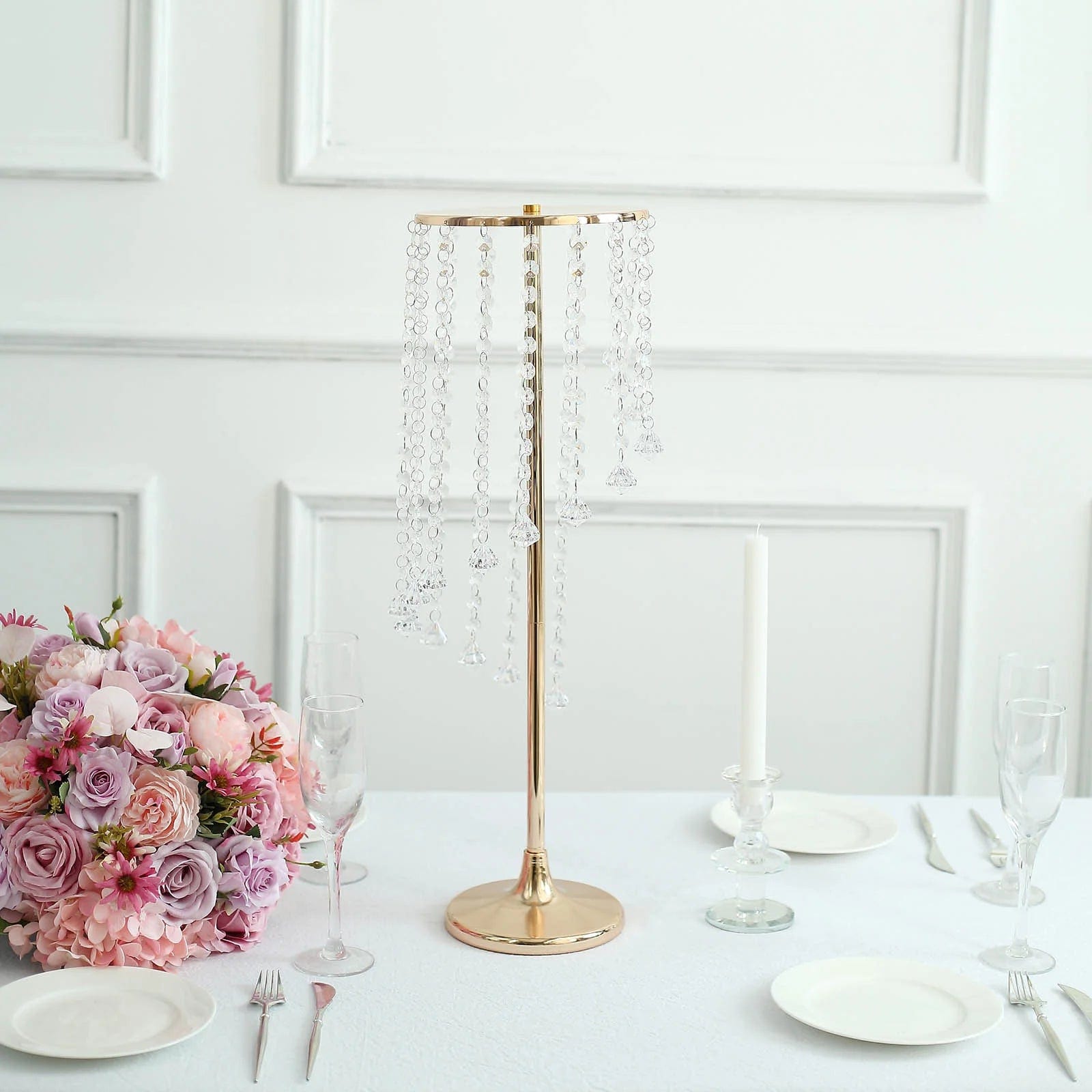 2 Pack Metal Flower Display Stands with Spiral Hanging Crystal Beads - Gold & Clear Wedding Centerpiece Decor for Table, Party, Home Decor