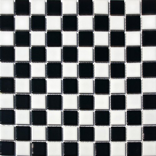 Black & White Square Checkered Porcelain Mosaic Tile - 12x12 Inch Shiny Glossy Finish (5 Sheets) - Perfect for Kitchen Backsplash, Bathroom Wall, and Flooring Decor