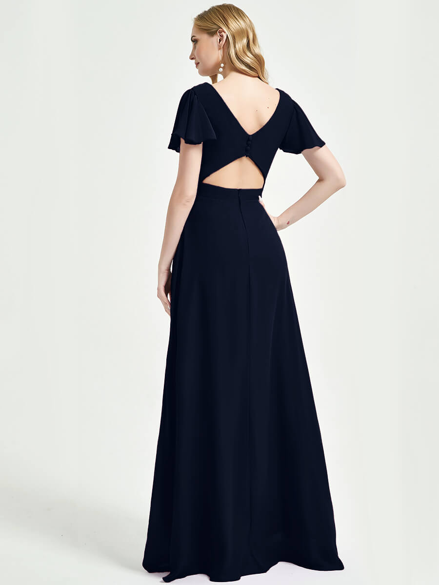 Elegant Dark Navy Backless Chiffon Bridesmaid Dress with Ruffle Sleeves & Empire Waist - Perfect for Weddings, Formal Events & Evening Parties