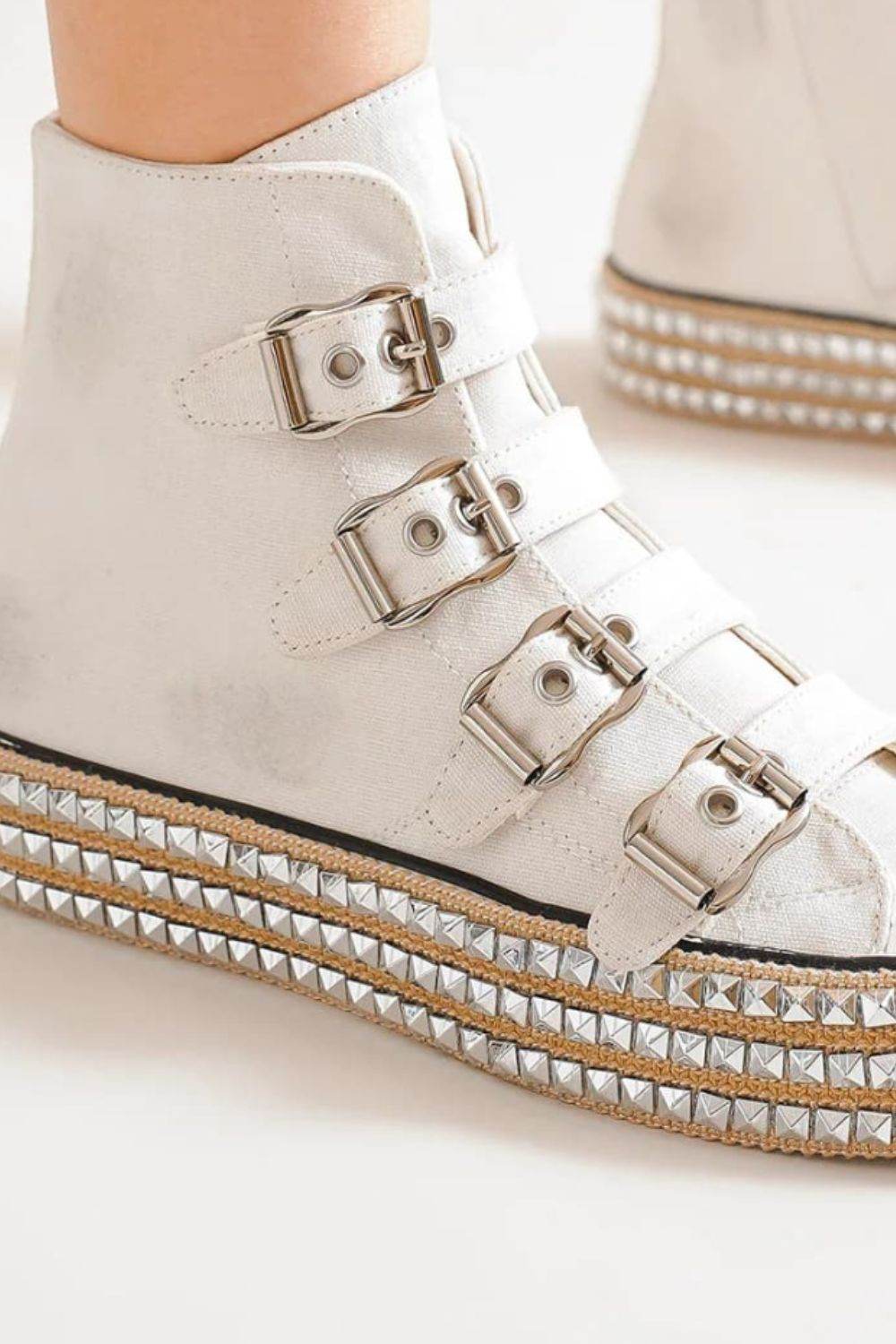 Beast Fashion Multi Buckle Straps Studded Platform Sneakers for Women - Chunky Gothic Punk Combat Shoes for Streetwear & Night Out