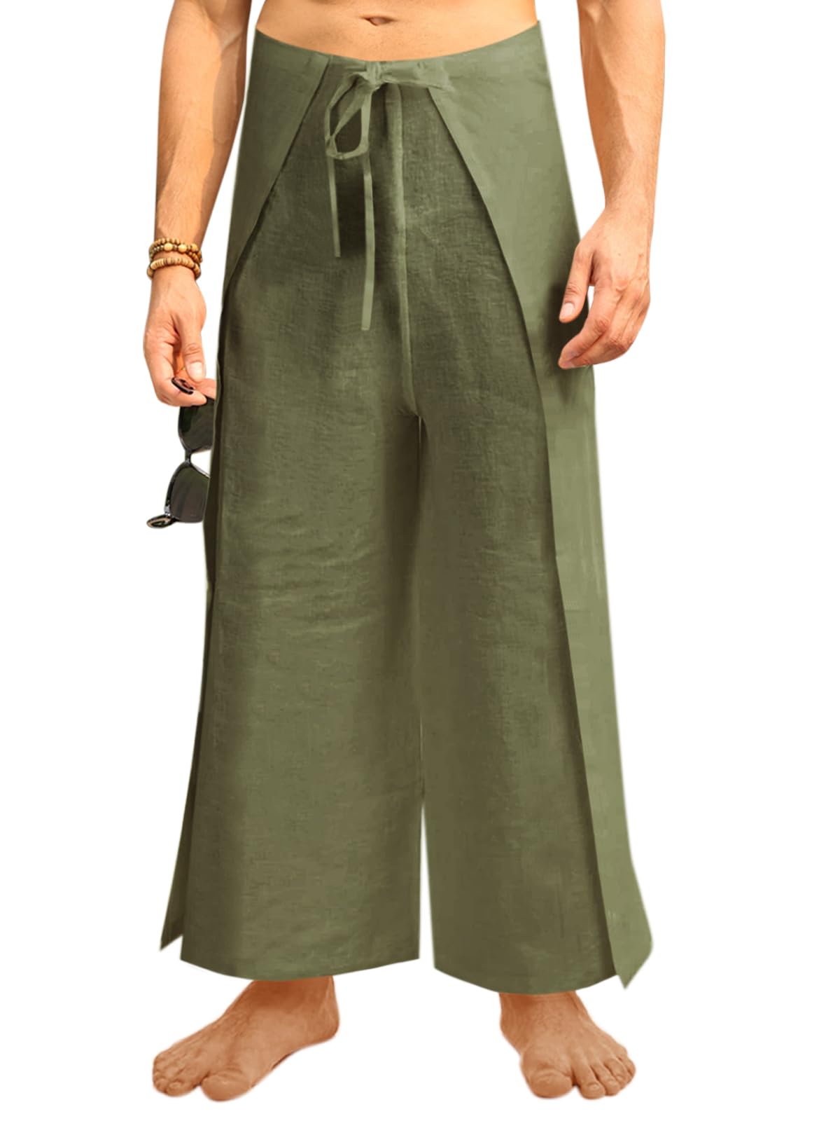 Runcati Men's Linen Wrap Pants - Lightweight Loose Fit Yoga Beach Pants for Men, Breathable Hippie Style Fisherman Pants - Perfect for Yoga, Meditation, Beach Vacation & Boho Fashion