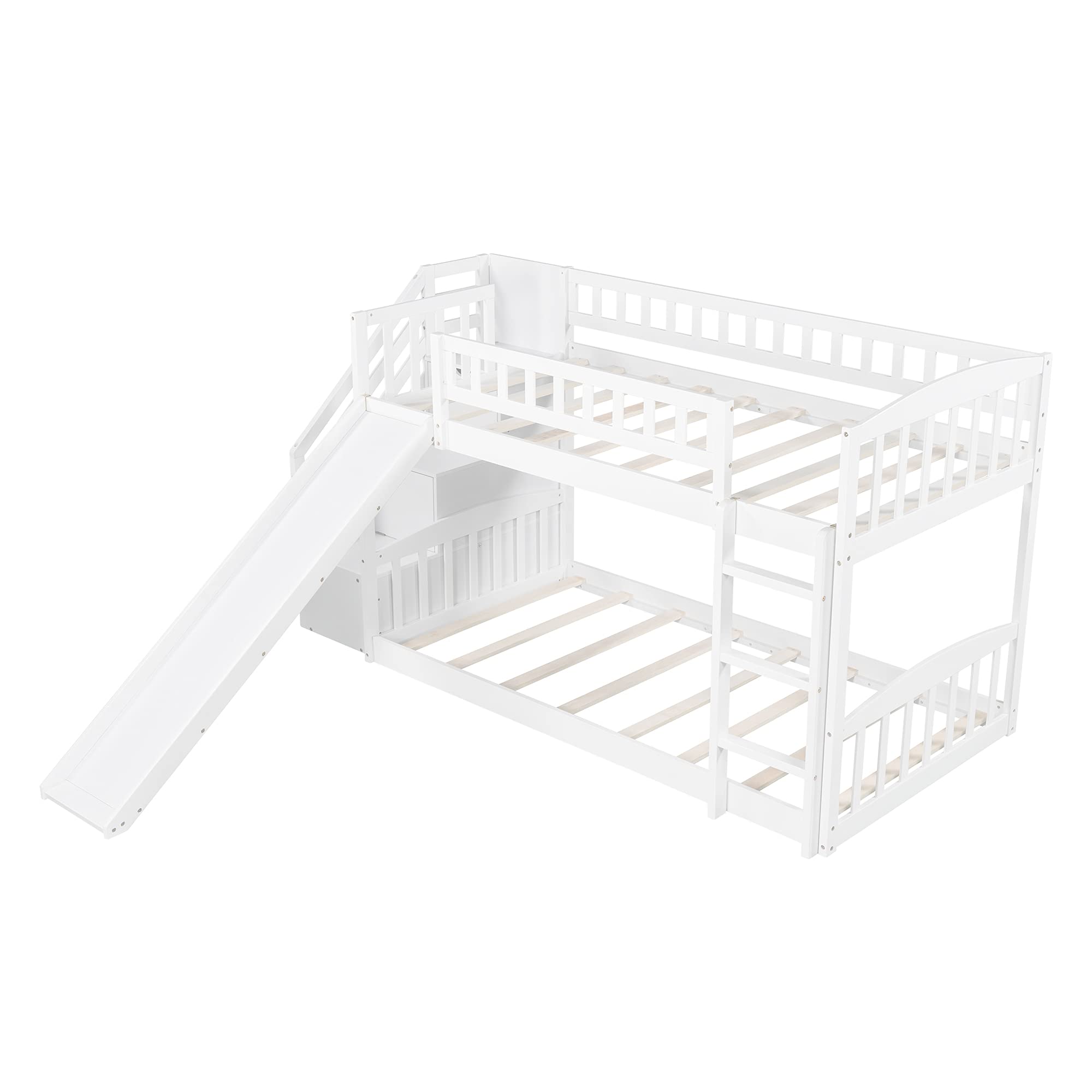 Kids Twin Over Twin Low Bunk Bed with Slide, Ladder & 2 Drawers - Solid Wood Floor Bunk Bed for Boys & Girls - Perfect for Small Bedrooms, Shared Kids Rooms & Space-Saving Sleep Solutions
