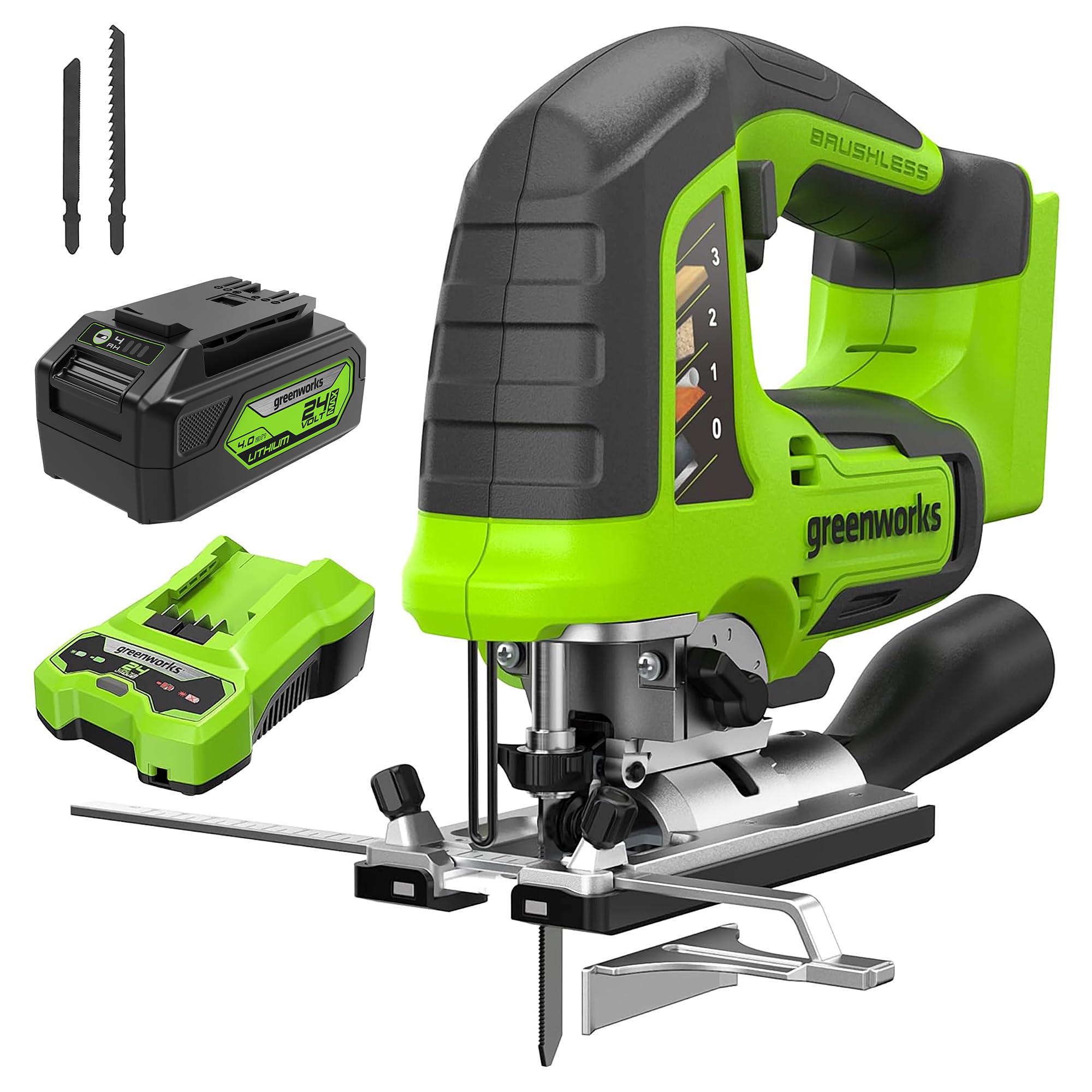 Greenworks 24V Brushless Jigsaw with 4Ah Battery - 3000 SPM, 45° Cutting Angle, 4 Orbital Motion Settings - Ideal for Woodworking, DIY Projects & Home Renovations