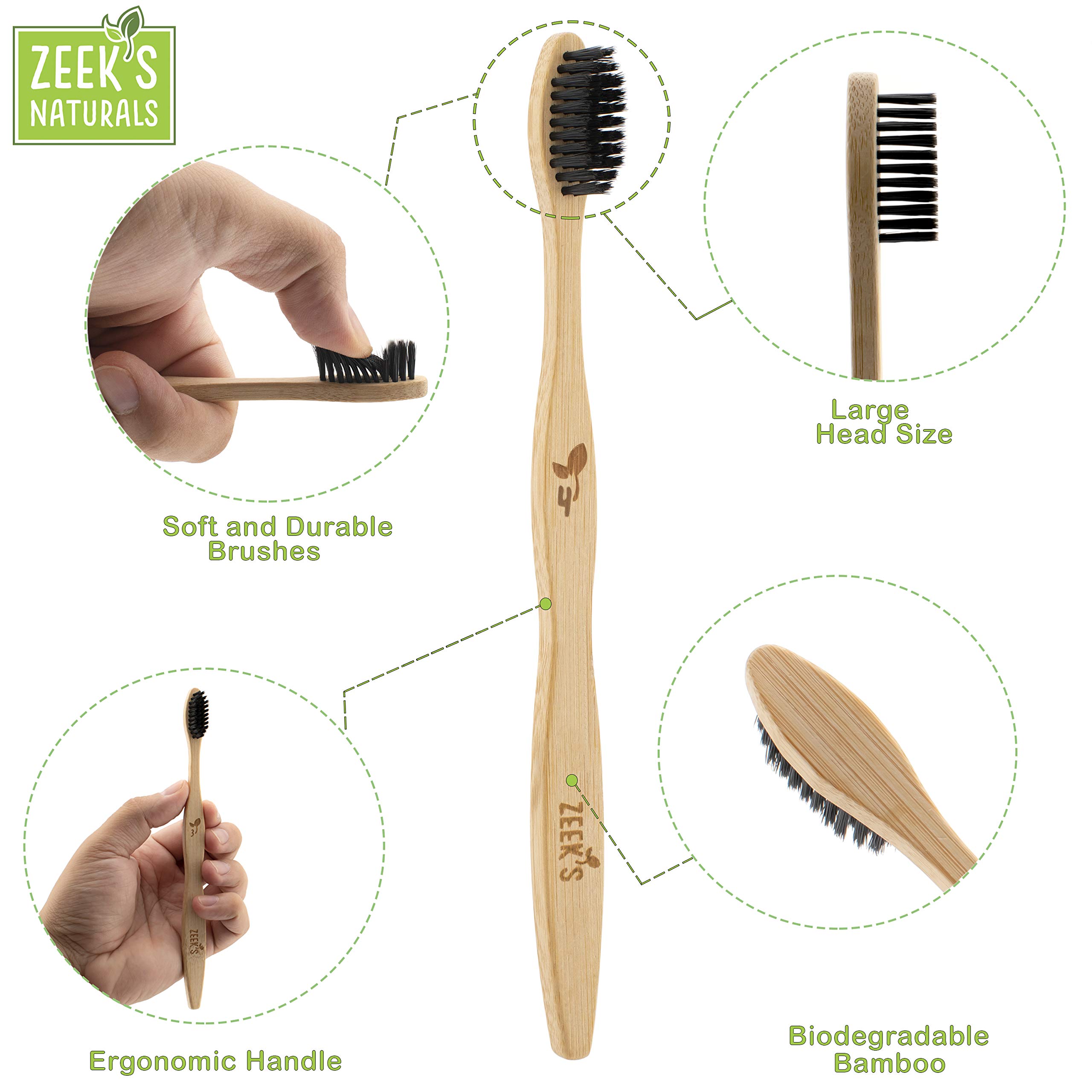 Eco-Friendly Natural Bamboo Charcoal Toothbrushes with Activated Charcoal Bristles - 4 Pack Numbered Set - Biodegradable & Sustainable for Travel, Home & Zero Waste Lifestyle