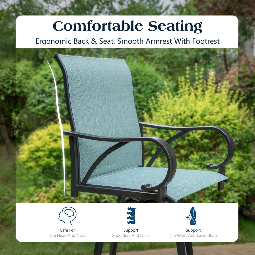 Sophia & William 3-Piece Outdoor Bar Set with Sea Stone Table & Gray/Aqua Textilene Swivel Stools - Perfect for Patio, Deck, Poolside or Backyard Entertaining