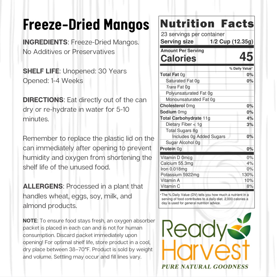 Freeze Dried Mango Slices - Gluten Free, Non-GMO, 25 Year Shelf Life | Emergency Food Supply, Camping & Survival Snacks, Bug Out Bag Essentials | 6 Cans (397g Each) for Long Term Storage & Outdoor Adventures