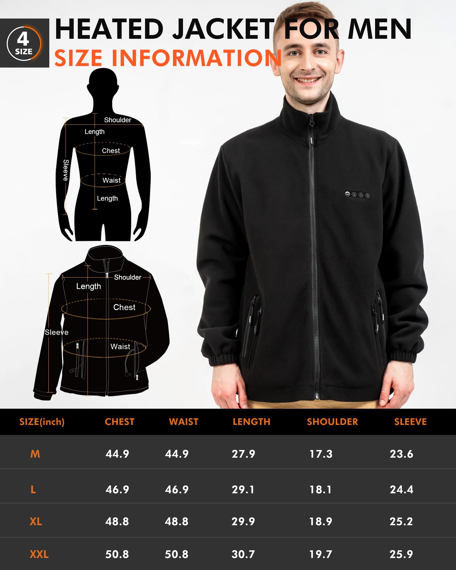 ARRIS Men's Heated Fleece Jacket with Rechargeable Battery - Electric Winter Coat with Full Zip & Hand Warmers - Perfect for Outdoor Activities, Camping, Hiking & Cold Weather