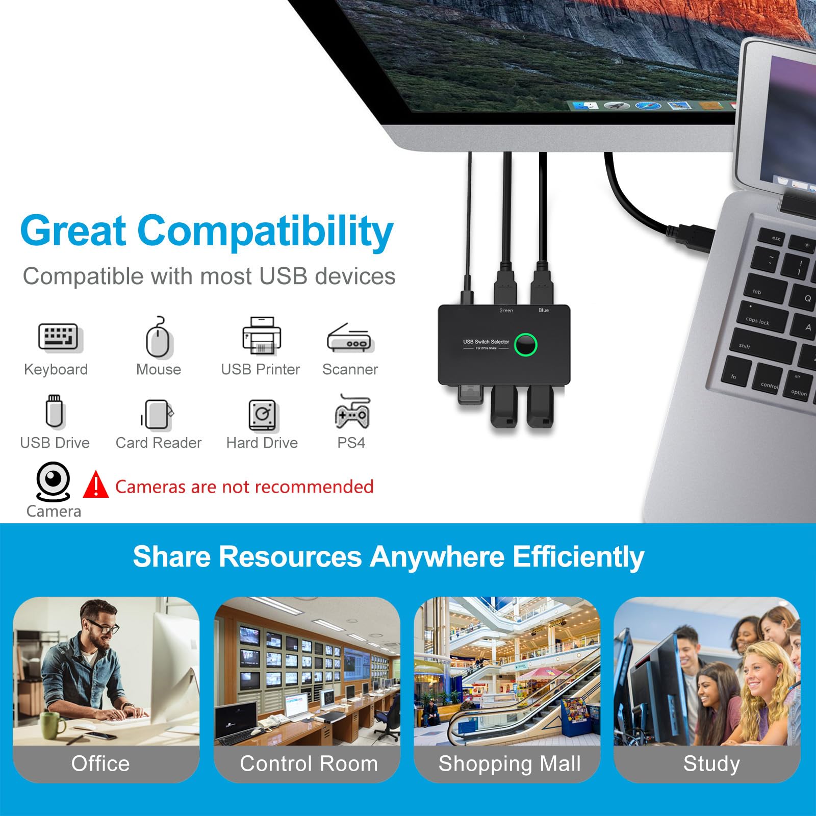 USB 3.0 Switch 4 Port - 2 Computer USB Switcher for Mouse, Keyboard, Printer & Scanner | KVM Switch Compatible with Windows, Mac, Linux | Perfect for Home Office & Multi-Device Workstations