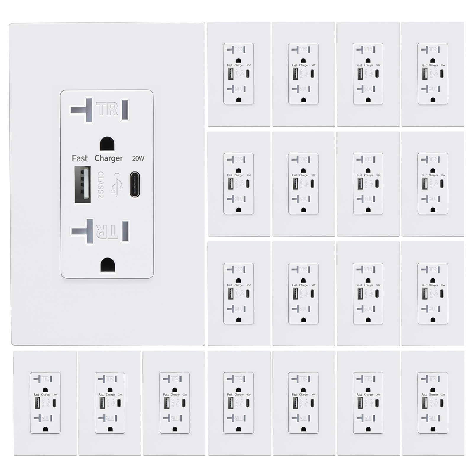 20 Pack White USB Wall Outlet with 4.2A USB C Ports - 20 Amp Tamper Resistant Duplex Receptacle, ETL Listed Electrical Outlet with Wall Plate Included - Perfect for Home, Office & Hotel Charging Stations