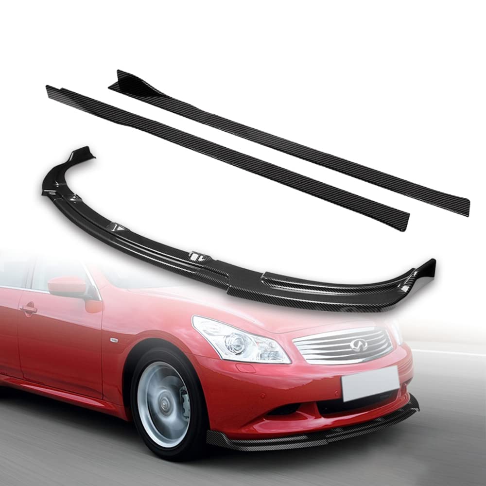 9-Piece Front Bumper Lip Kit & Side Skirt Extensions Diffuser Set for 2010-2013 Infiniti G37 Sedan 4DR | ABS Plastic Painted Carbon Fiber Style | Enhances Aerodynamics & Sporty Look | Perfect for Car Enthusiasts & Street Racing