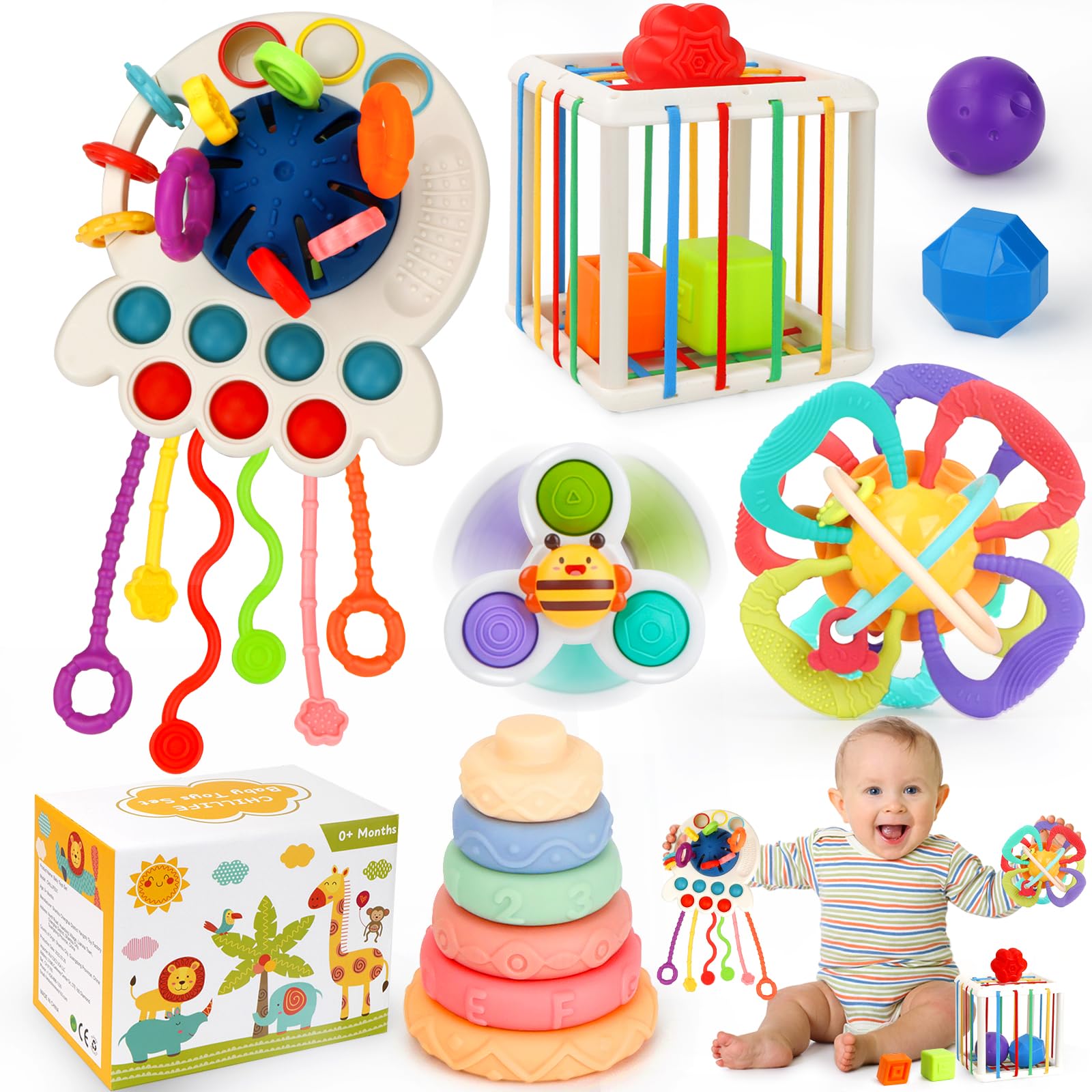 Montessori Baby Toys for 6-12 Months - 5-in-1 Developmental Toy Set with Teething Ring, Stacking Cups, Sensory Shapes & Suction Spinner - Perfect Learning Gift for Infants 6-18 Months | Great for Daycare, Playtime & Early Childhood Education