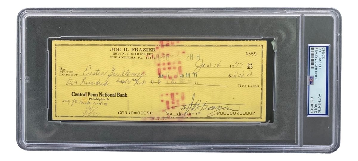 Joe Frazier Autographed Boxing Memorabilia - PSA/DNA Certified Signed Bank Check #4559 - Perfect for Boxing Fans, Collectors & Sports Memorabilia Displays
