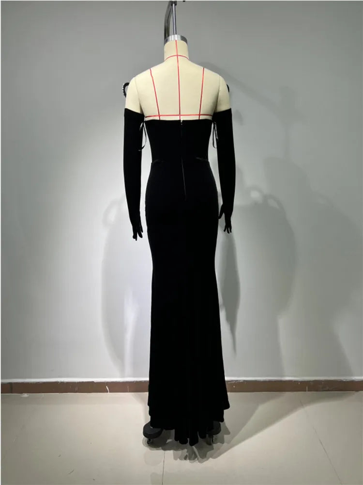 2024 New Women's Long Sleeve Off Shoulder Floor Length Evening Dress with Gloves - Elegant Prom Party Gown for Formal Occasions, Weddings & Special Events