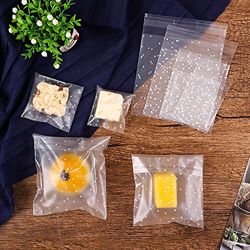 Lifelum 200 Pcs 4x4 Inch Self-Adhesive Clear Cookie Bags - White Polka Dot Cellophane Treat Bags for Bakery, Candy, Chocolate & Party Favors | Perfect for Gift Giving, Birthday Parties & Holiday Treats
