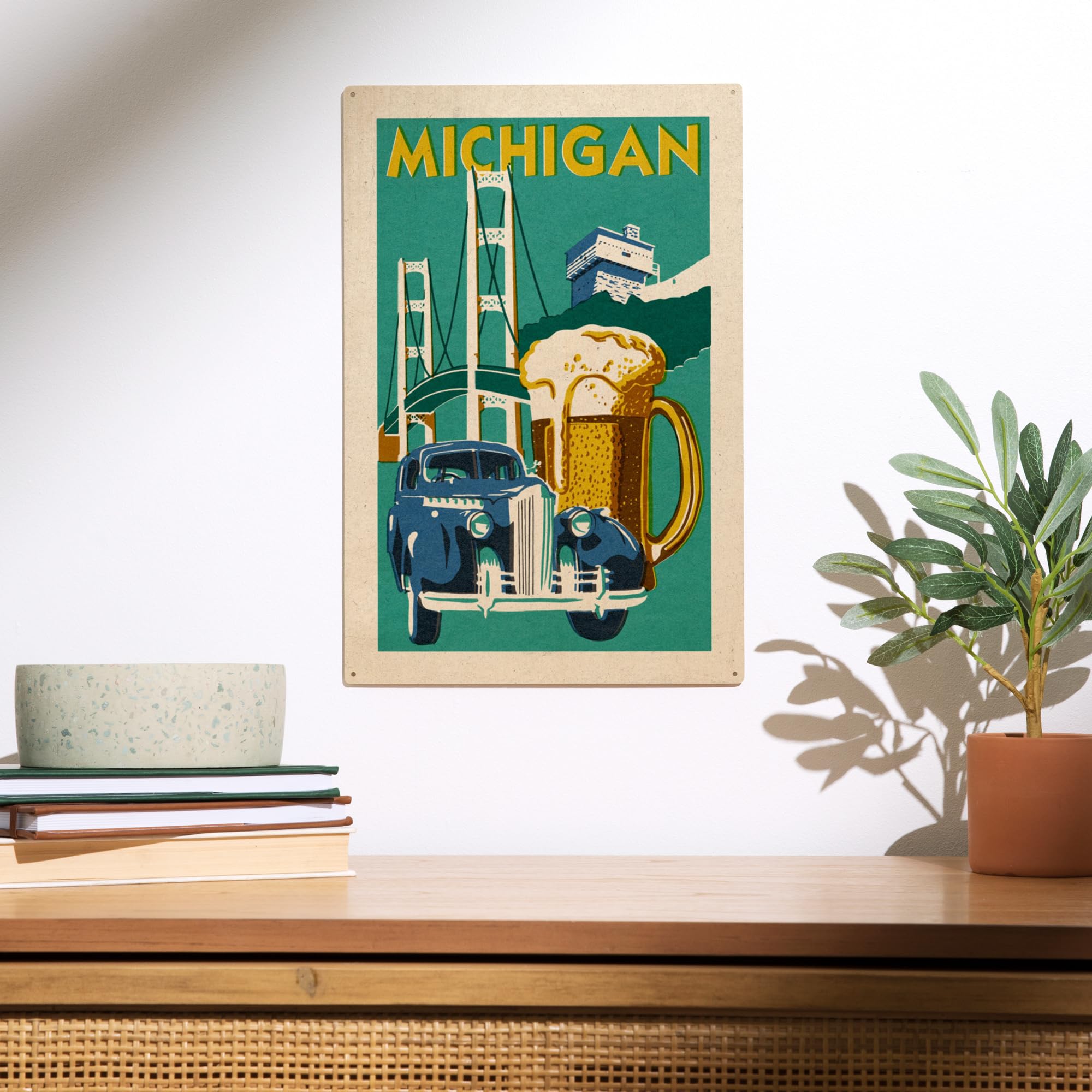 Lantern Press 10x15 Inch Wooden Wall Sign - Ready to Hang Michigan Themed Woodblock Decor - Perfect for Home, Office, or Cabin Wall Art