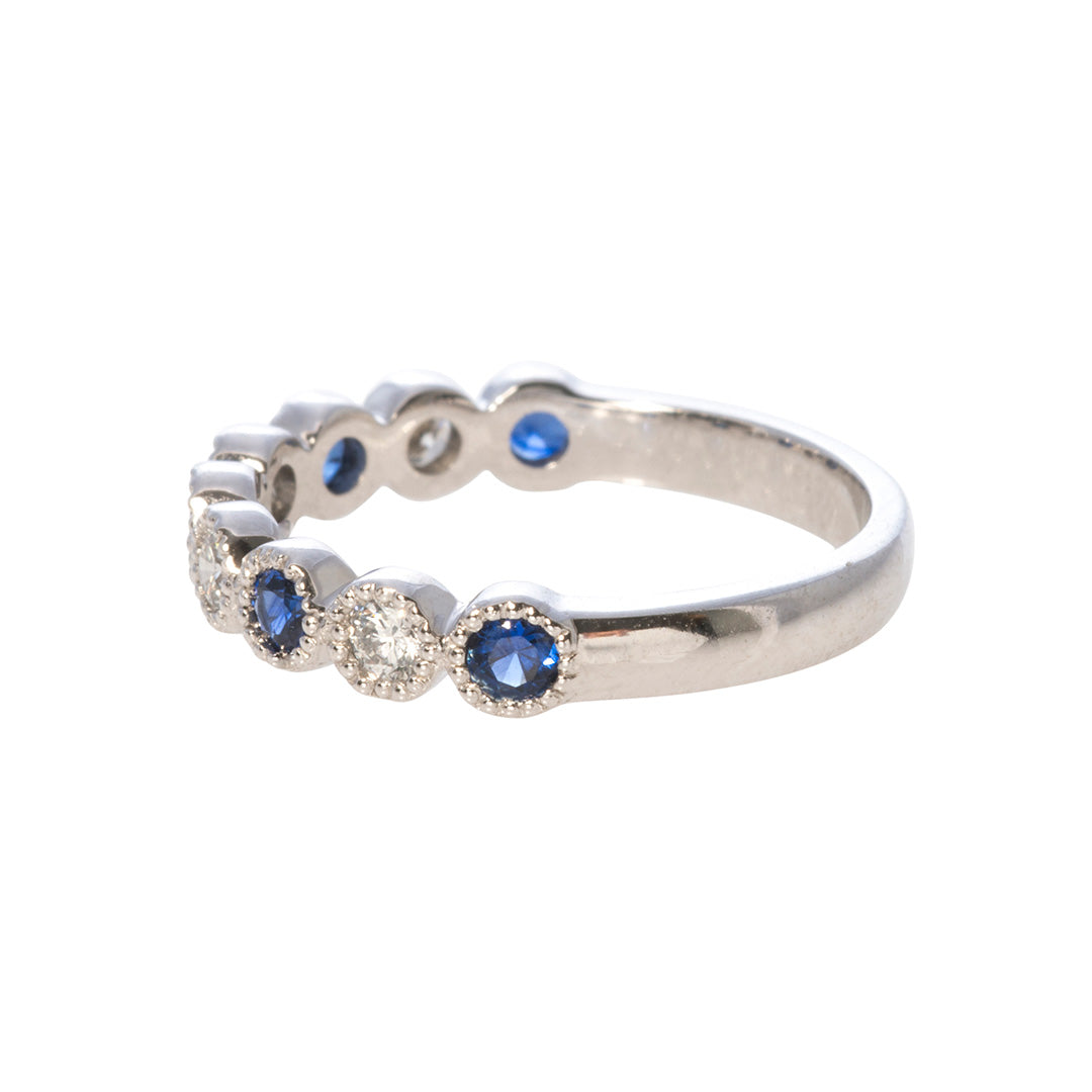 14K White Gold Sapphire & Diamond Bezel Milgrain Halfway Wedding Band - Elegant Bridal Jewelry for Engagement, Anniversary & Special Occasions