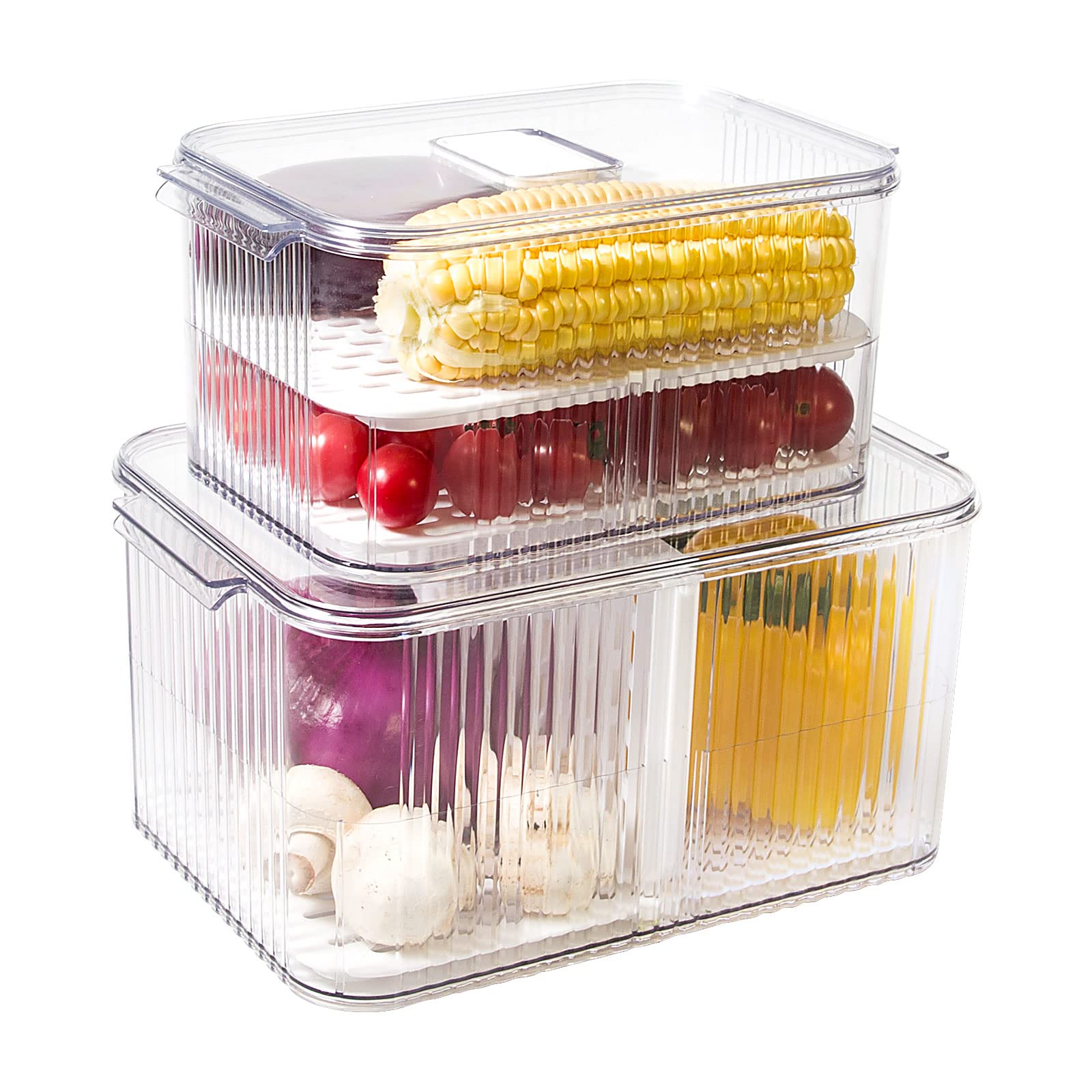 Stackable Vegetable Fruit Storage Containers for Fridge - 2 Pack with Lids & Vents, Perfect for Berries, Salad & Produce Organization