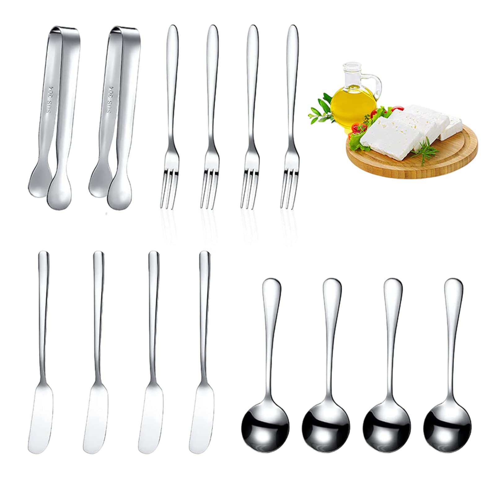 14-Piece Stainless Steel Cheese Butter Spreader Knives Set - Multipurpose Butter Knives, Cheese Slicer, Mini Serving Tongs, Forks & Spoons for Butter, Cheese & Pastry Making (Silver) - Perfect for Dinner Parties, Cheese Boards & Baking Gifts