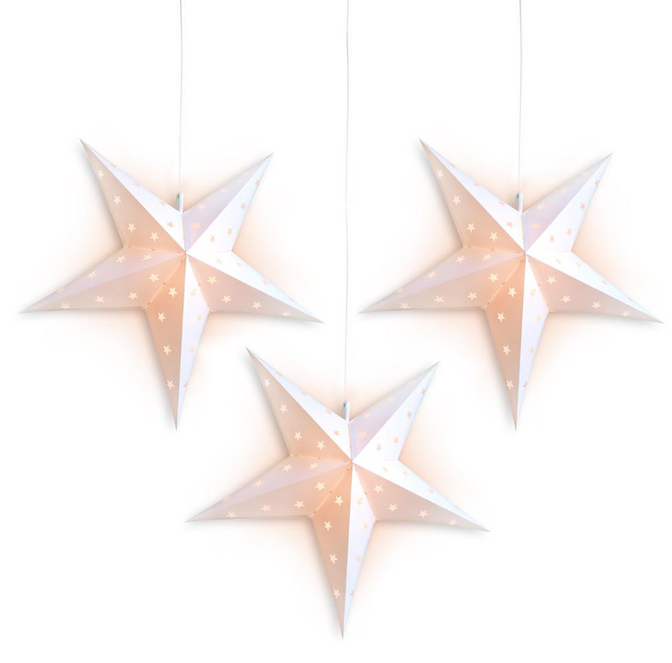 3 Pack 30 Inch White Weatherproof Outdoor Plastic Star Lanterns with LED Bulbs & Lamp Cord - Waterproof Christmas Decorations for Patio, Garden, and Holiday Lighting