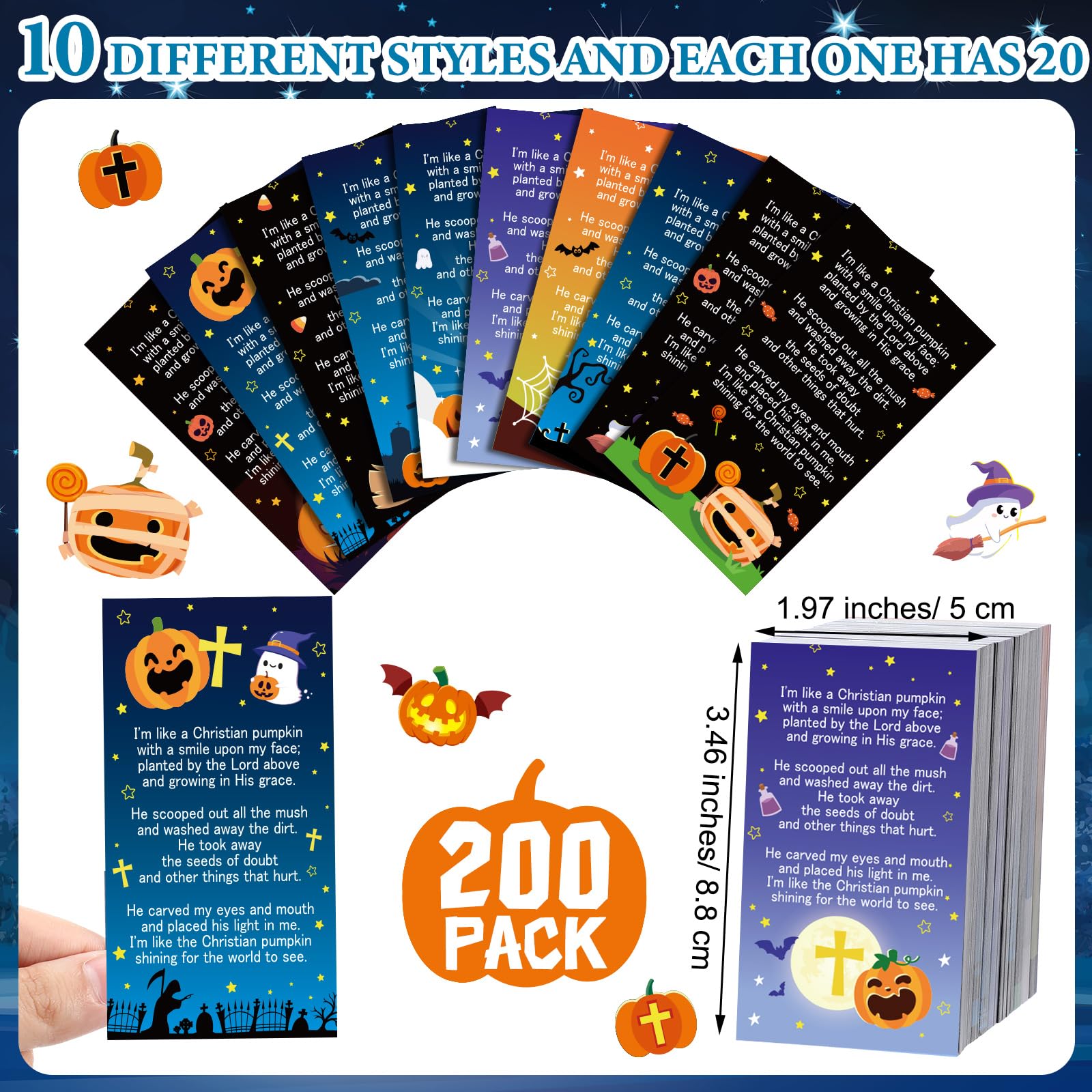 200 Pcs Halloween Prayer Cards with Bible Verses - Pumpkin Pocket Prayer Cards Bulk for Kids, Church Baptism Gifts, Halloween Party Favors & Sunday School Supplies - Perfect for Trick-or-Treating, Bible Study & Religious Events