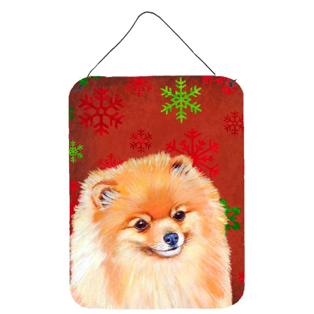 Caroline's Treasures LH9350DS1216 Holiday Christmas Wall Decor - Red and Green Snowflakes Pomeranian Metal Sign for Kitchen, Bar, Bathroom, Front Door - Perfect for Festive Home Decor & Gifts