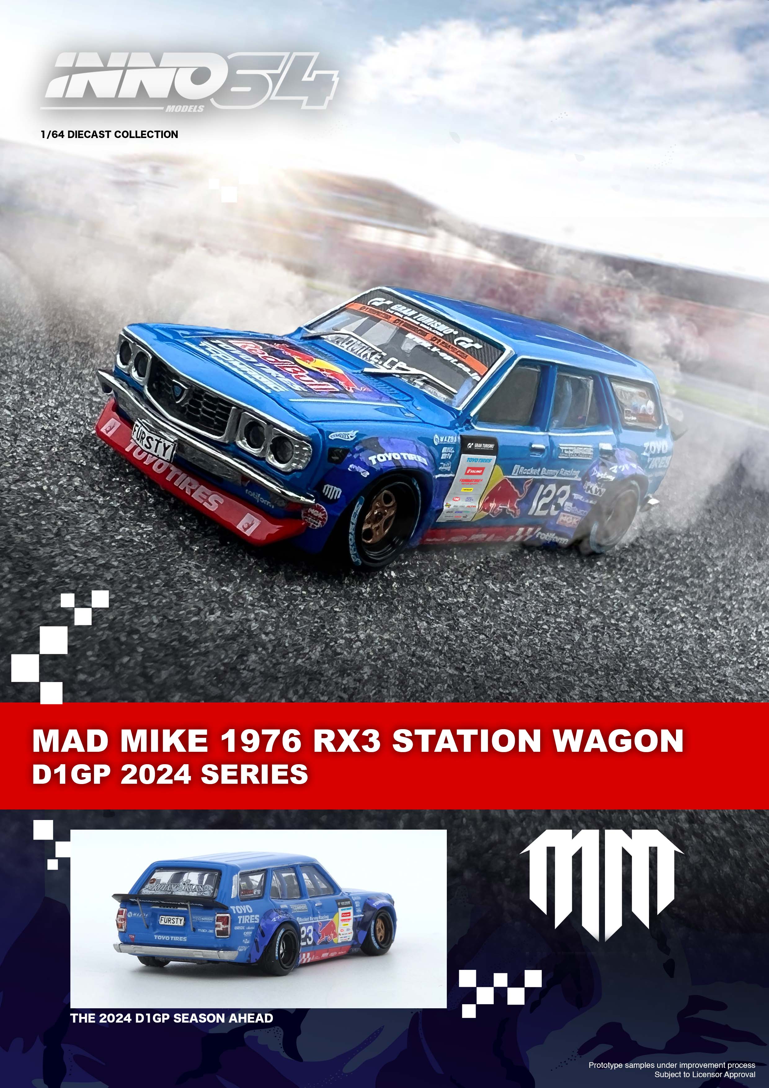 **PREORDER - INNO64 1:64 Scale Mazda RX-3 Station Wagon MAD MIKE D1GP Series 2024 - Diecast Model Car for Collectors & Racing Fans - Perfect for Display, Gifts & D1GP Enthusiasts**
