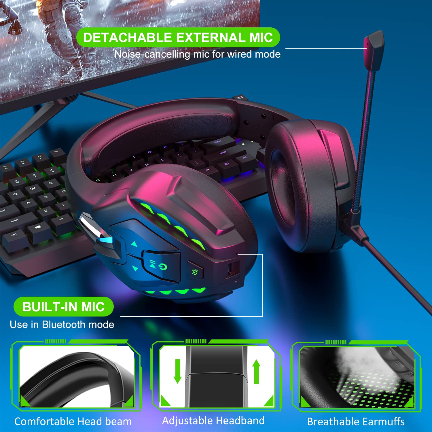 PHOINIKAS PS5 Gaming Headset - Wireless Bluetooth 5.3 Headphones with Stereo Sound & Detachable Mic for PS4/PS5, PC, Nintendo Switch, Xbox One, Laptop, Phone & Tablet - 20H Battery Life (Green) | Perfect for Gaming, Streaming & Online Meetings