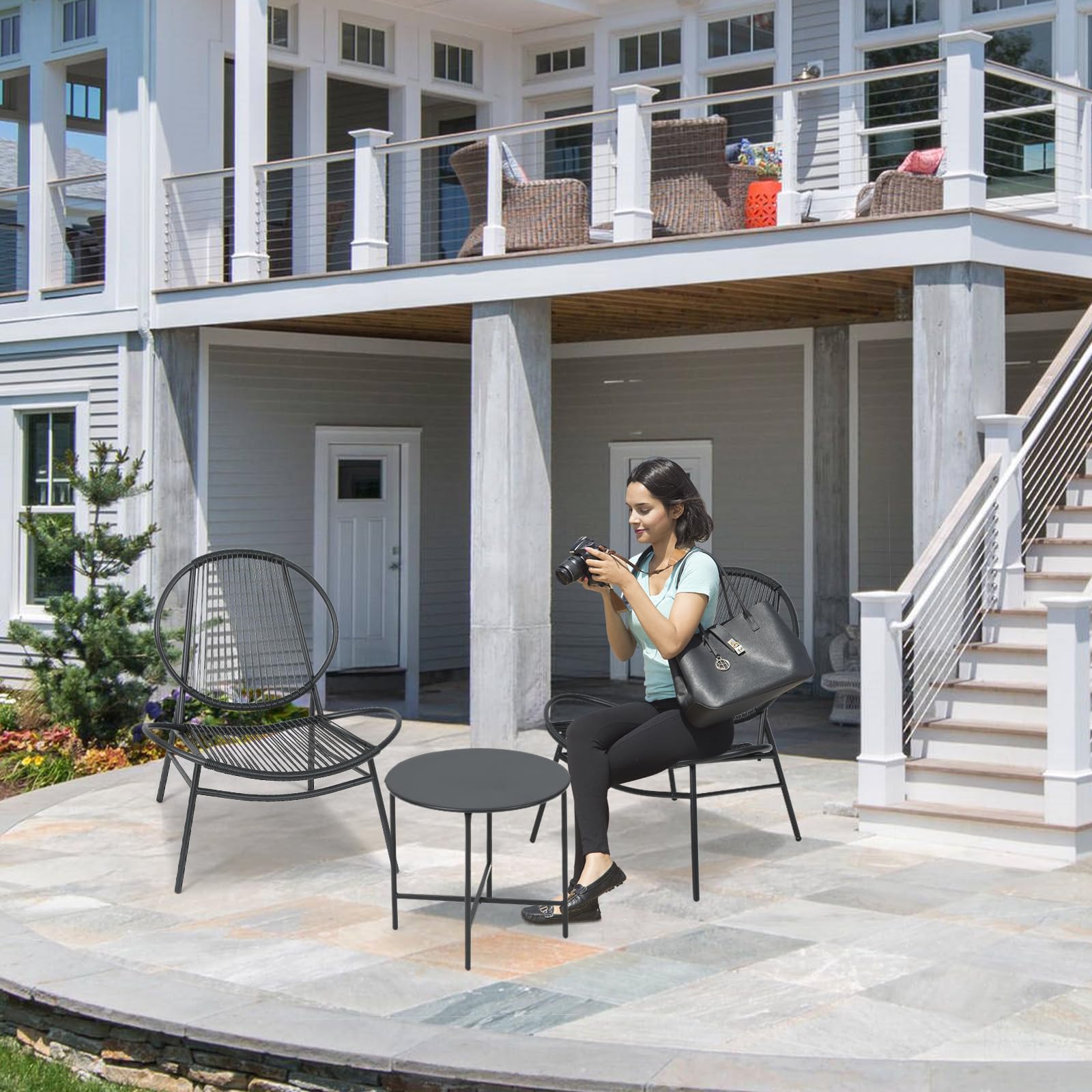 3-Piece Patio Conversation Set - All-Weather Rattan Acapulco Chairs & Round Table Bistro Set for Indoor/Outdoor Use - Perfect for Balcony, Poolside, Garden, Backyard & Patio Decor (Black)