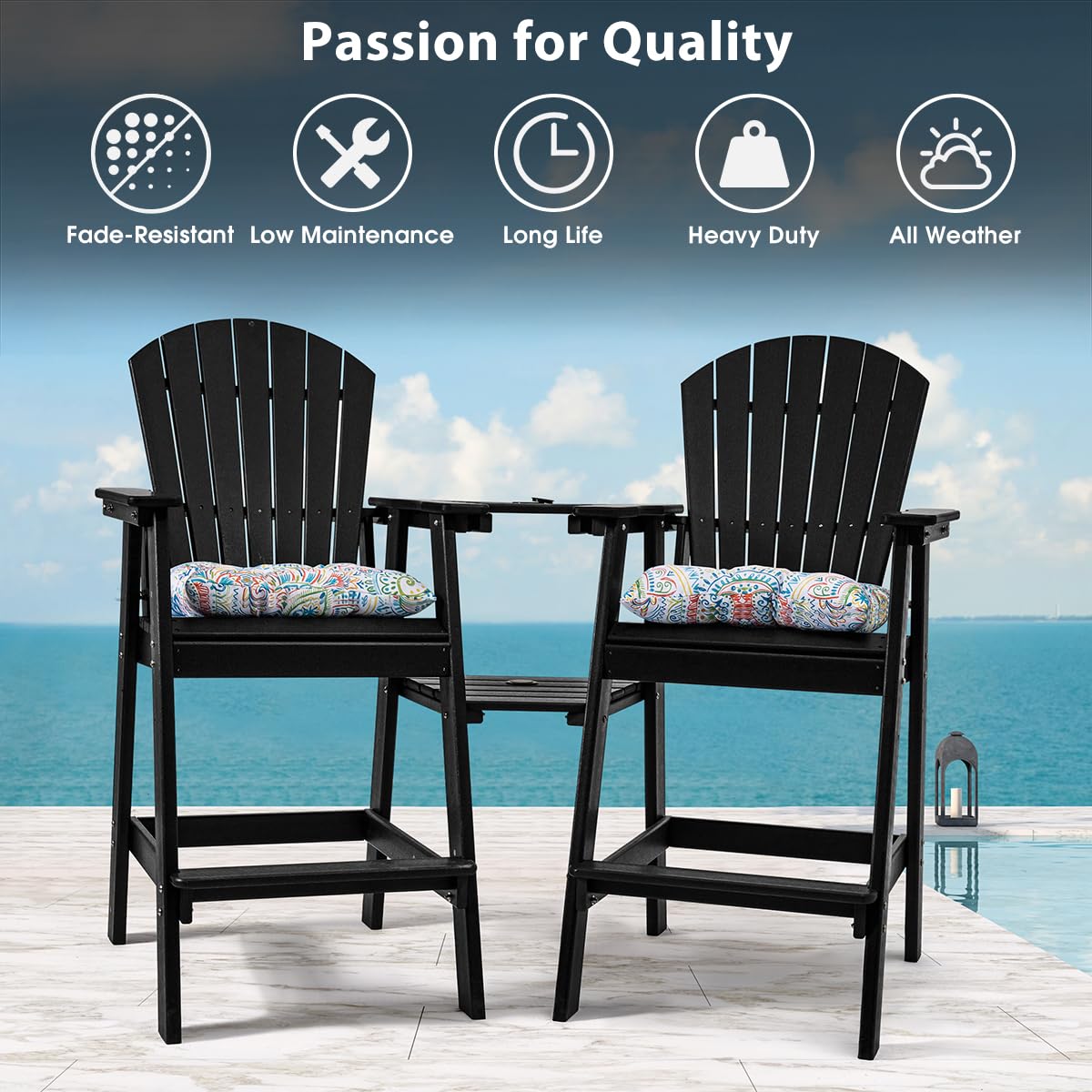 Premium Outdoor Adirondack Chairs Set of 2 with Side Table - HDPE Patio Bar Height Dining Set (3-Piece) - Counter Height Bistro Pub Table with Stools - Includes 2 Umbrella Hole Covers (Black) - Perfect for Backyard, Deck, Garden & Poolside Relaxation