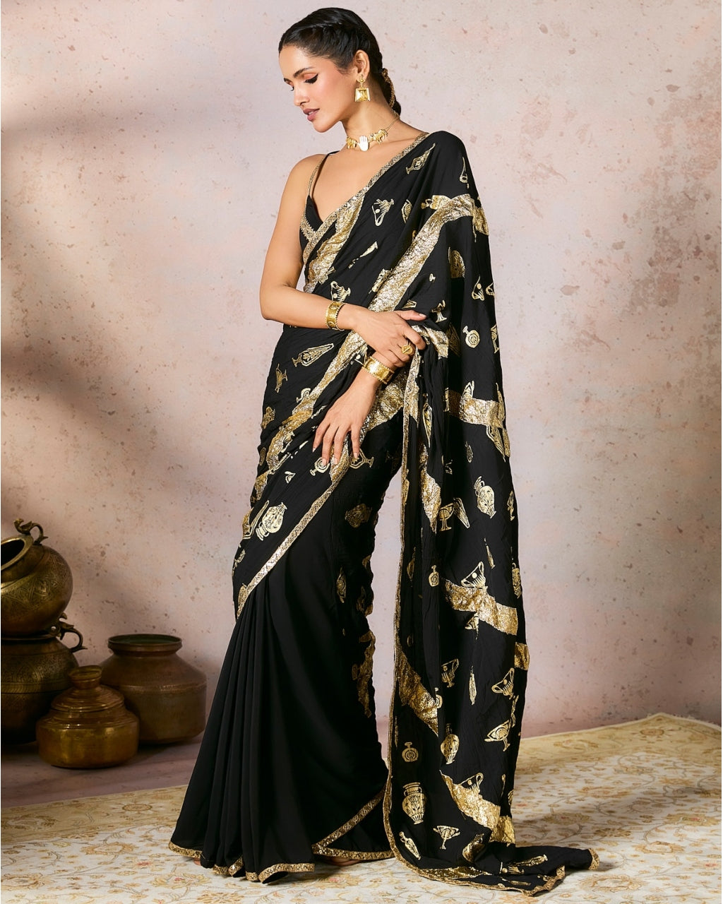 Black Potters Touch Gota Sari Set - Elegant Indian Traditional Dress for Women | Perfect for Weddings, Festivals & Special Occasions