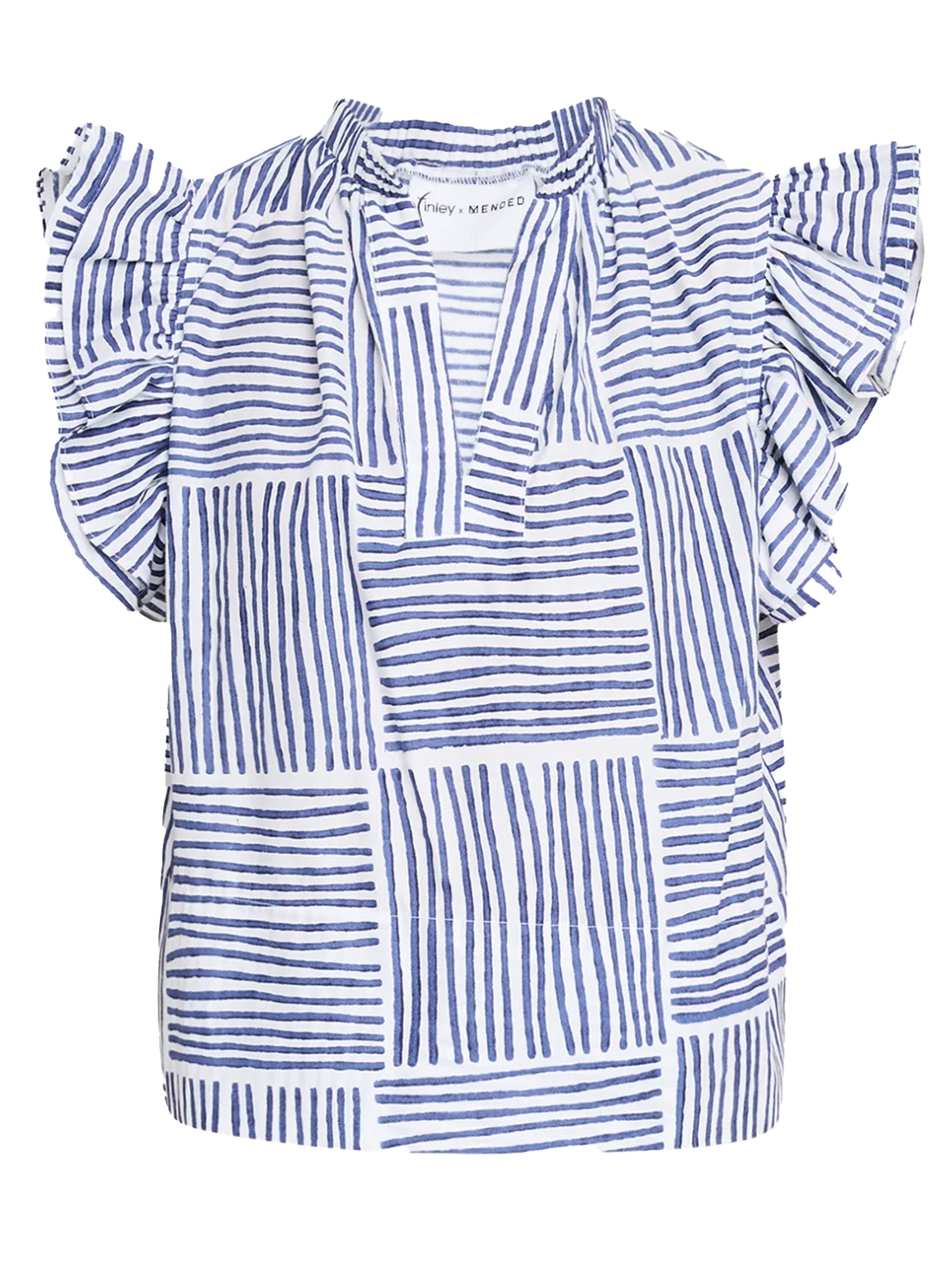 MENDED Women's Remy Ruffle Sleeve Blouse - Navy Blue Block Stripe Tops for Work, Office & Casual Wear