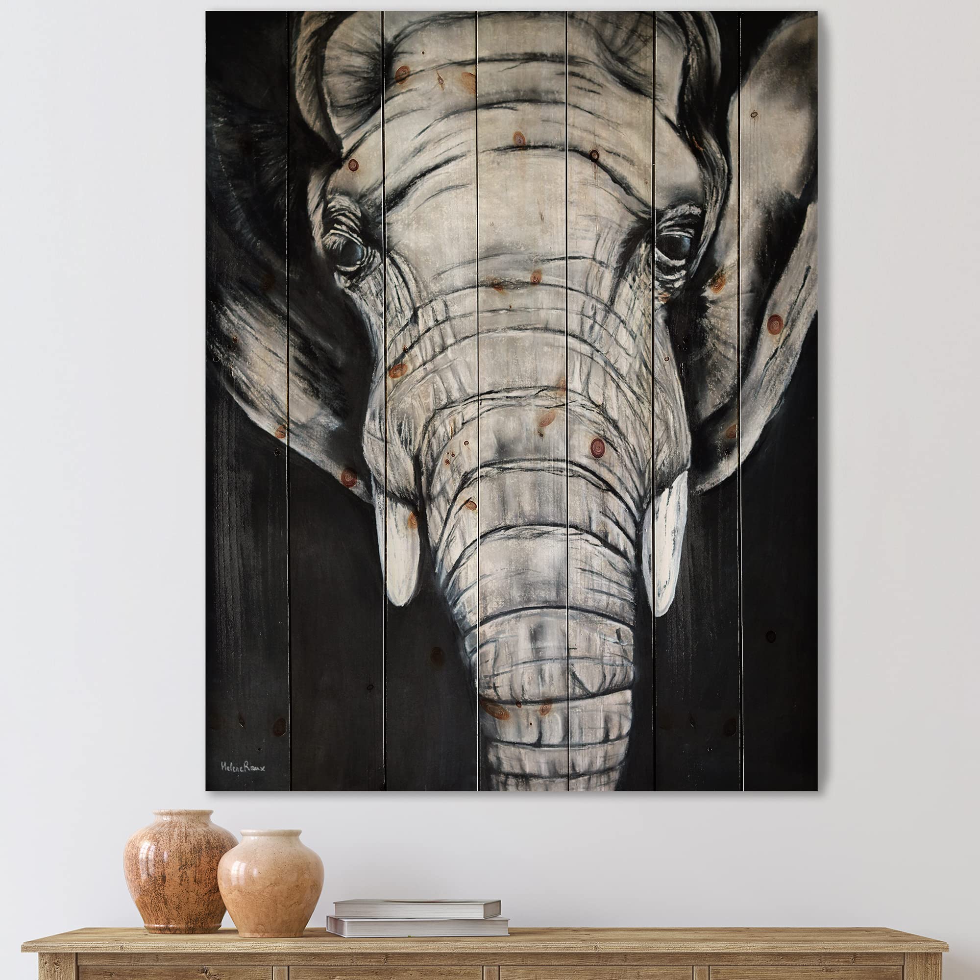 DesignQ African Elephant Portrait - Farmhouse Wood Wall Decor, Grey Wood Wall Art, Large Animal Wood Panel Printed on Natural Pine - Perfect for Living Room, Bedroom, or Office Decor